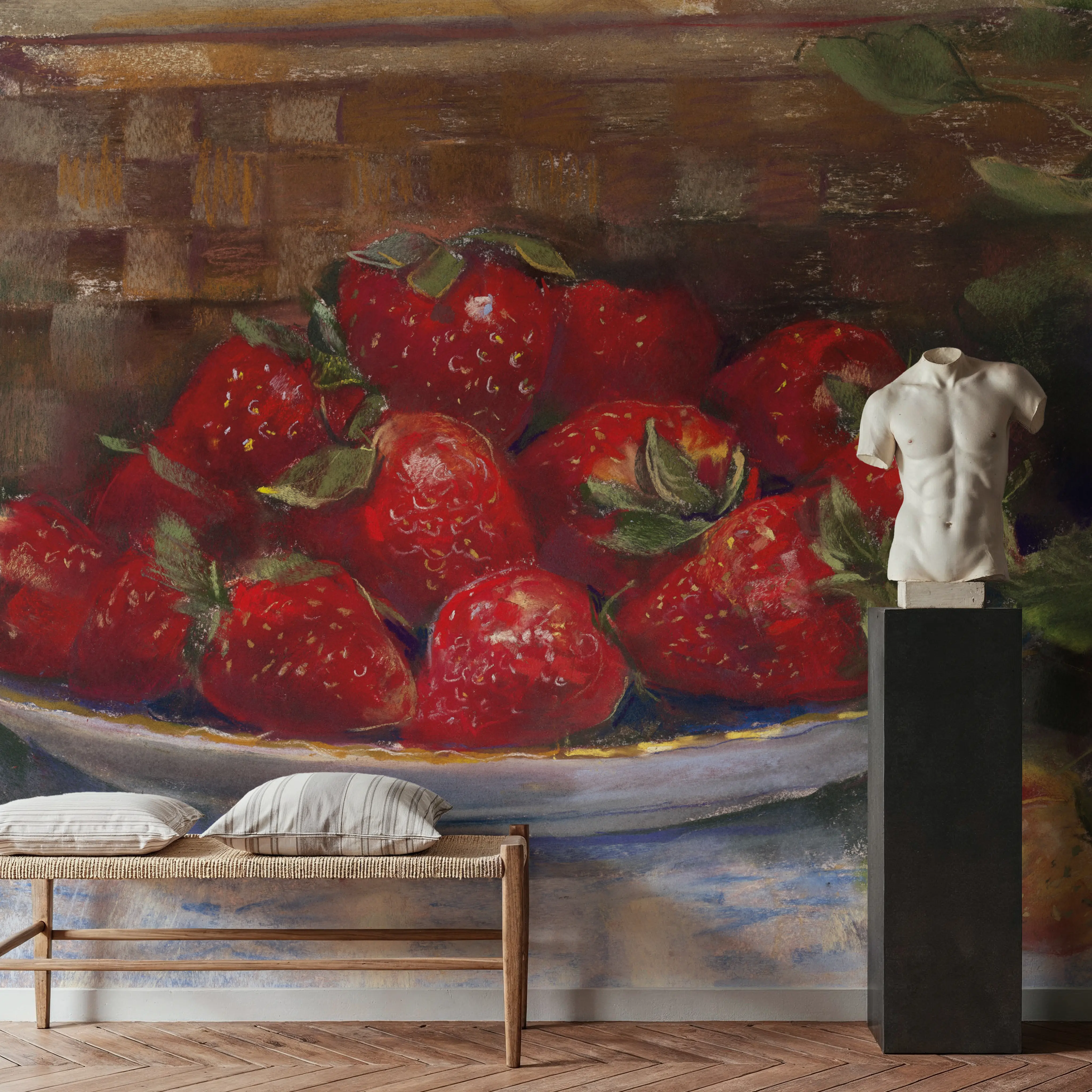 Wall Mural - Plate of Strawberries - Floral Wicker mural wallpaper - Red - Dining Room - Wallism UK - Peel & Stick or Paste-the-Wall