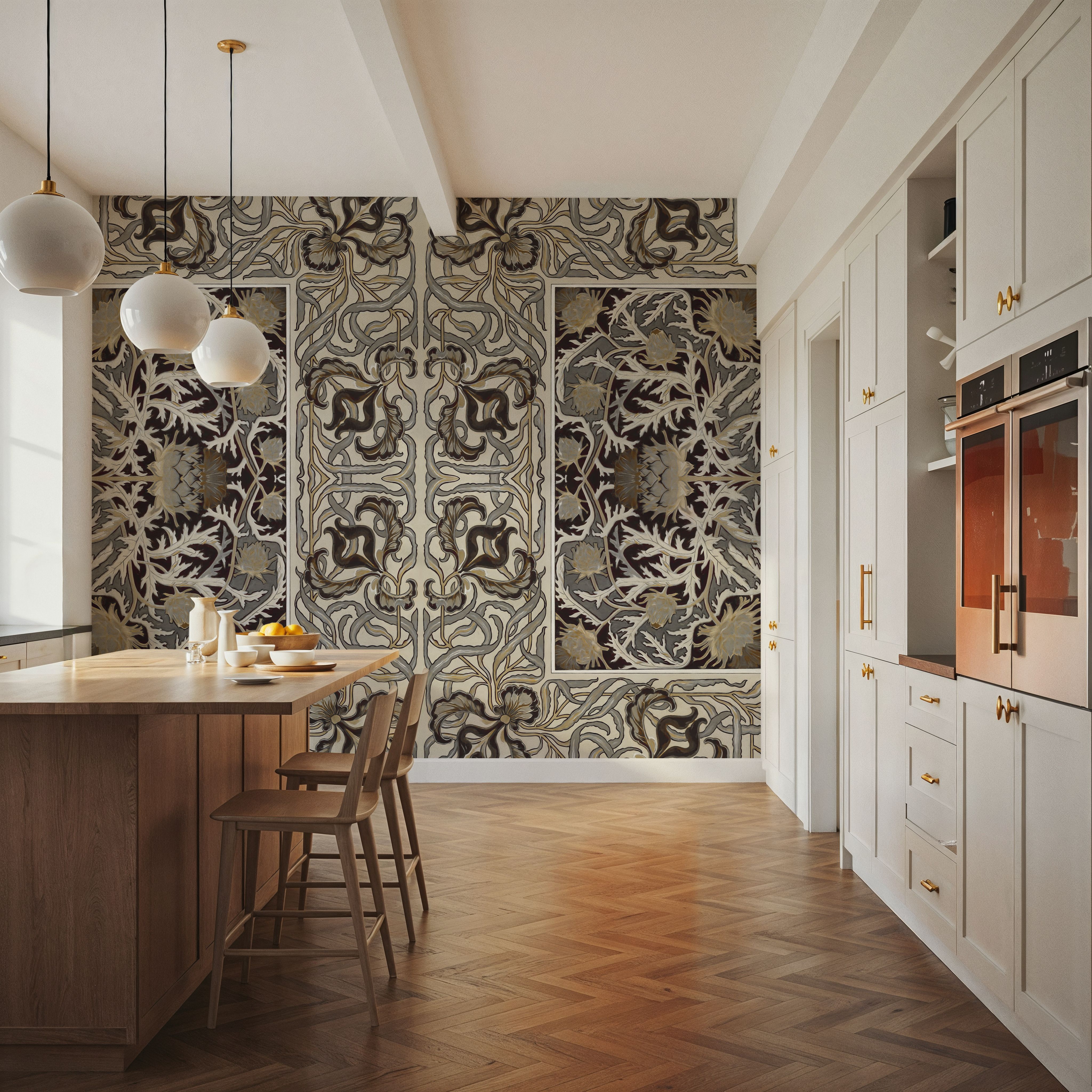 Wall Mural - Iris & Thistle Ornament, Earth - Arts & Crafts Folk mural wallpaper - Yellow - Dining Room - Wallism US