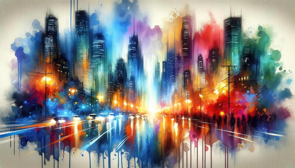 Watercolor Abstract Skyline At Night