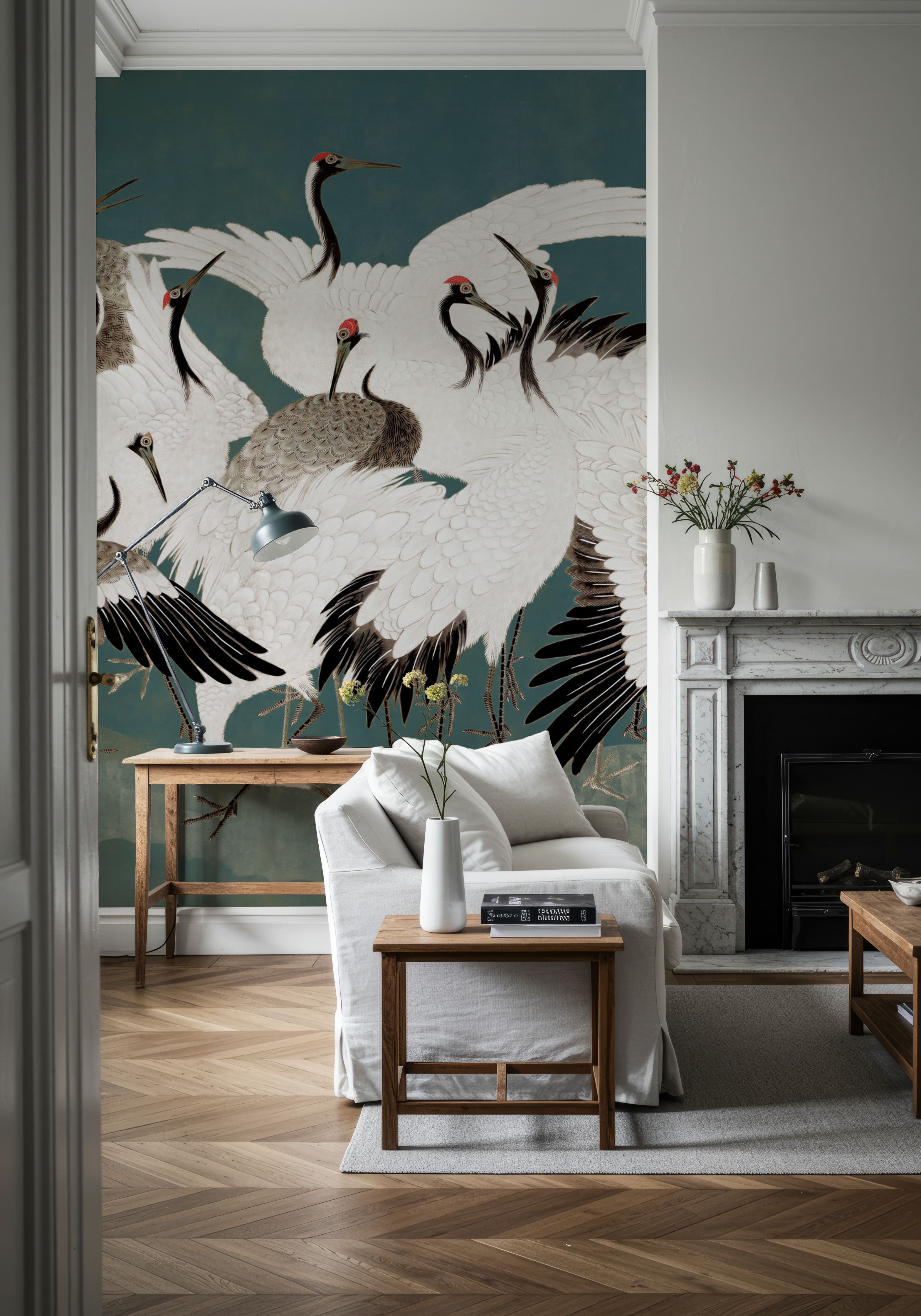 Japanese Flock of Cranes, Teal