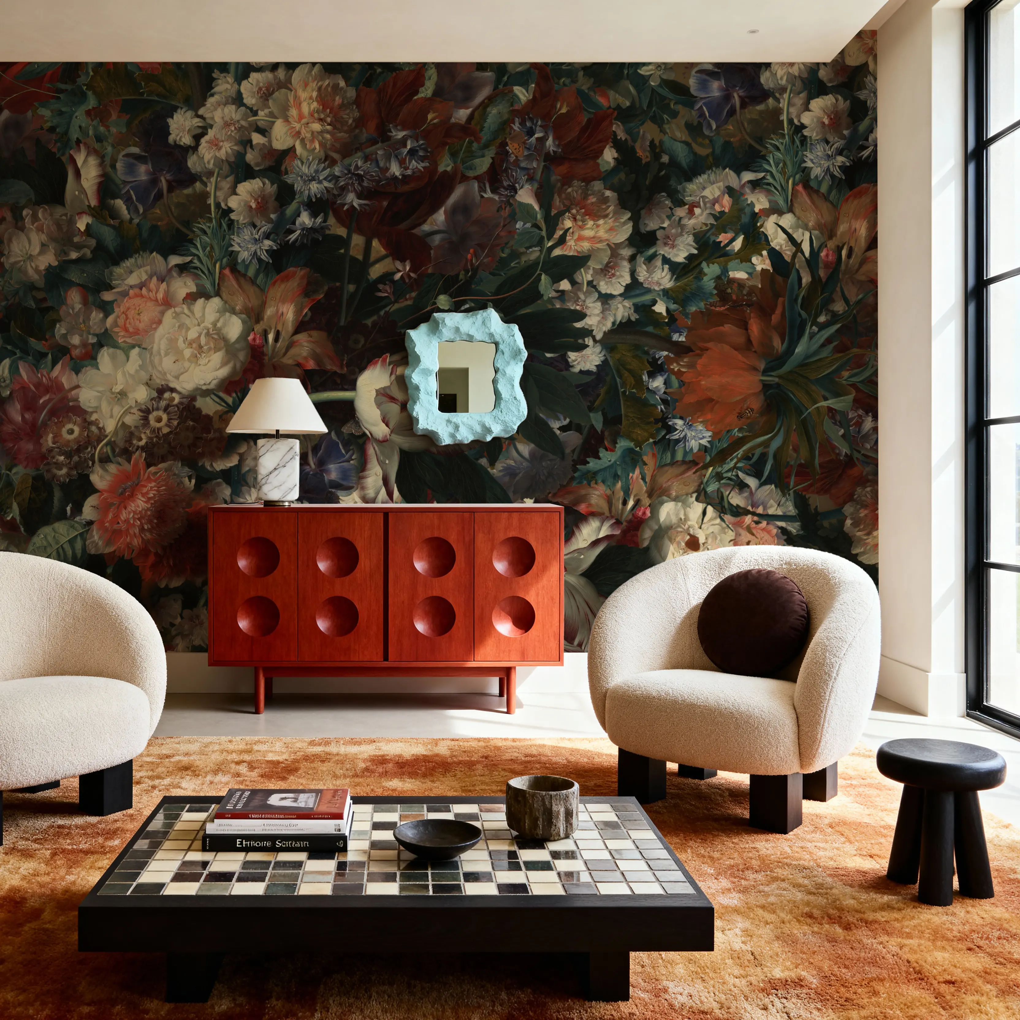 Fotobehang - Flemish Dream - Bloemen Grote Meesters Mural - Rood - Gangtrappen - Wallism België - Zelfklevend of Vliesbehang