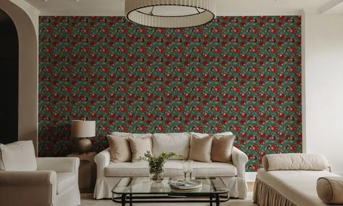 Indial Floral, Vermilion on Teal
