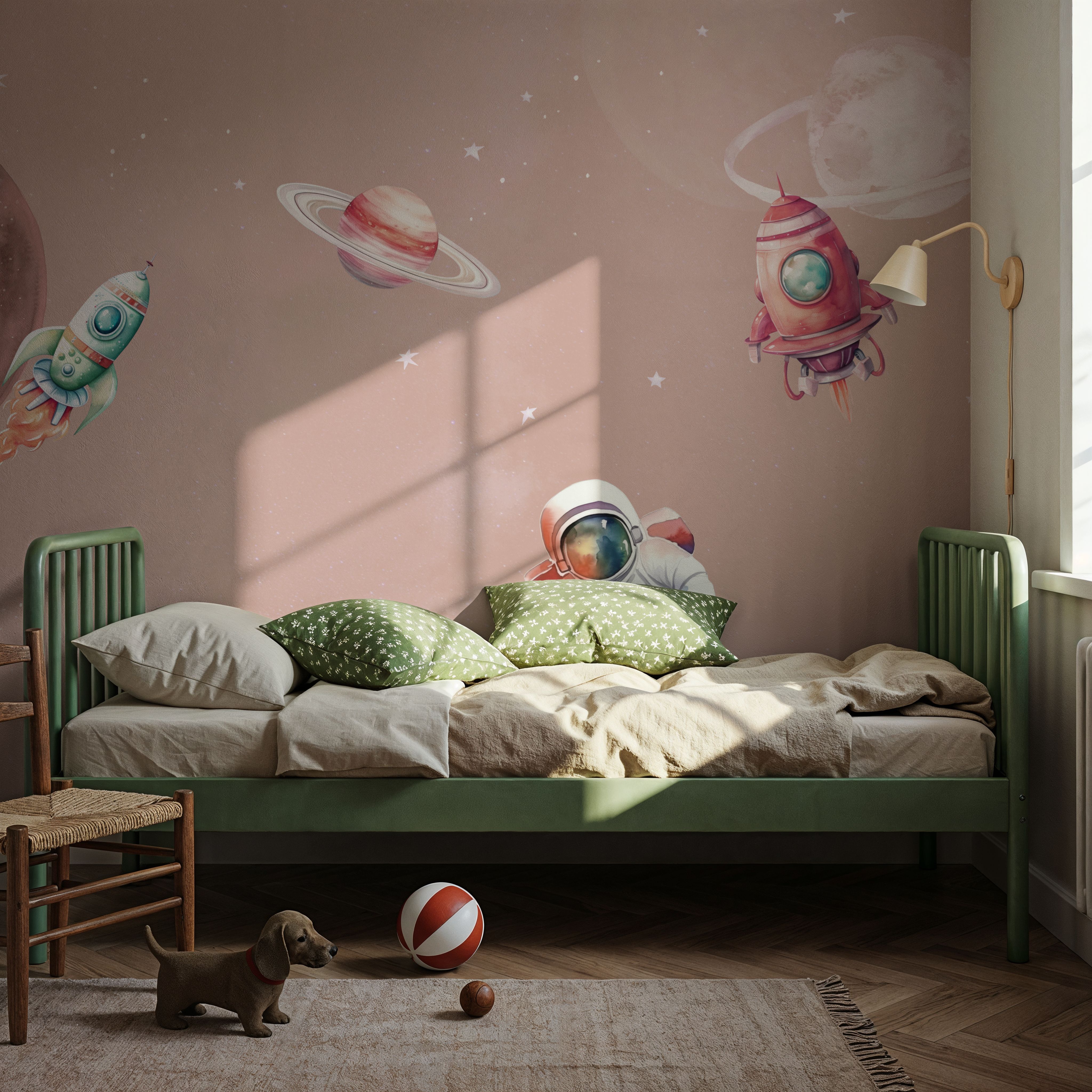 Papier Peint Panoramique - Galactic Explorer Blush - Astronautes et navettes - chambre d'enfant - Wallism Belgique - Encollage au mur ou Autocollant