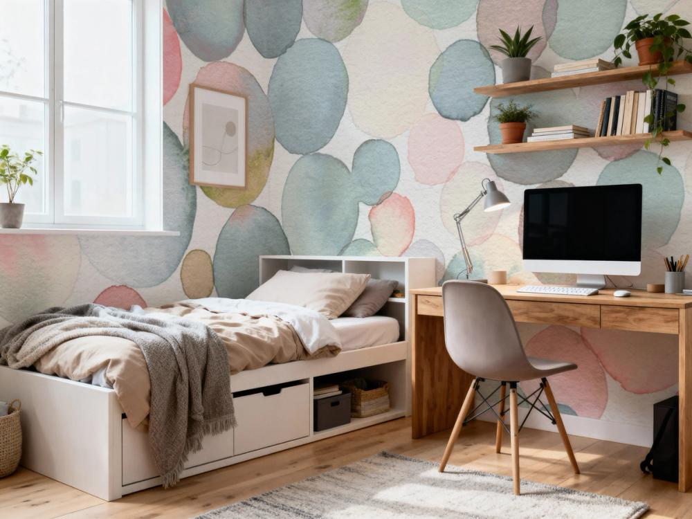 a photo of a teenager bedroom with watercolor large dots on the walls