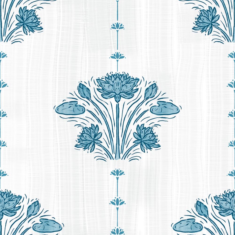 Block Print Water Lily Stripes, French Blue