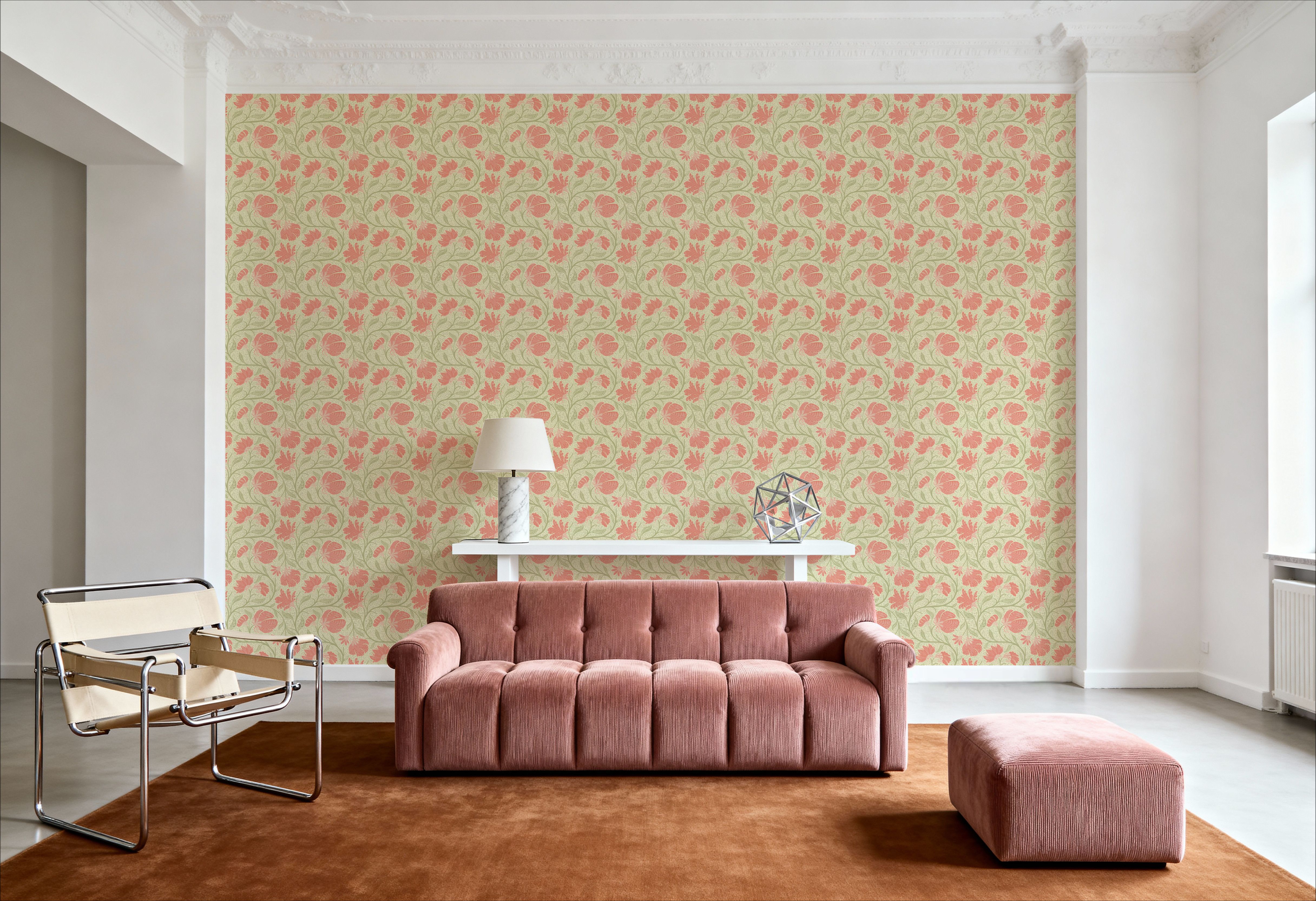 Indial Floral, Peach on Light Green