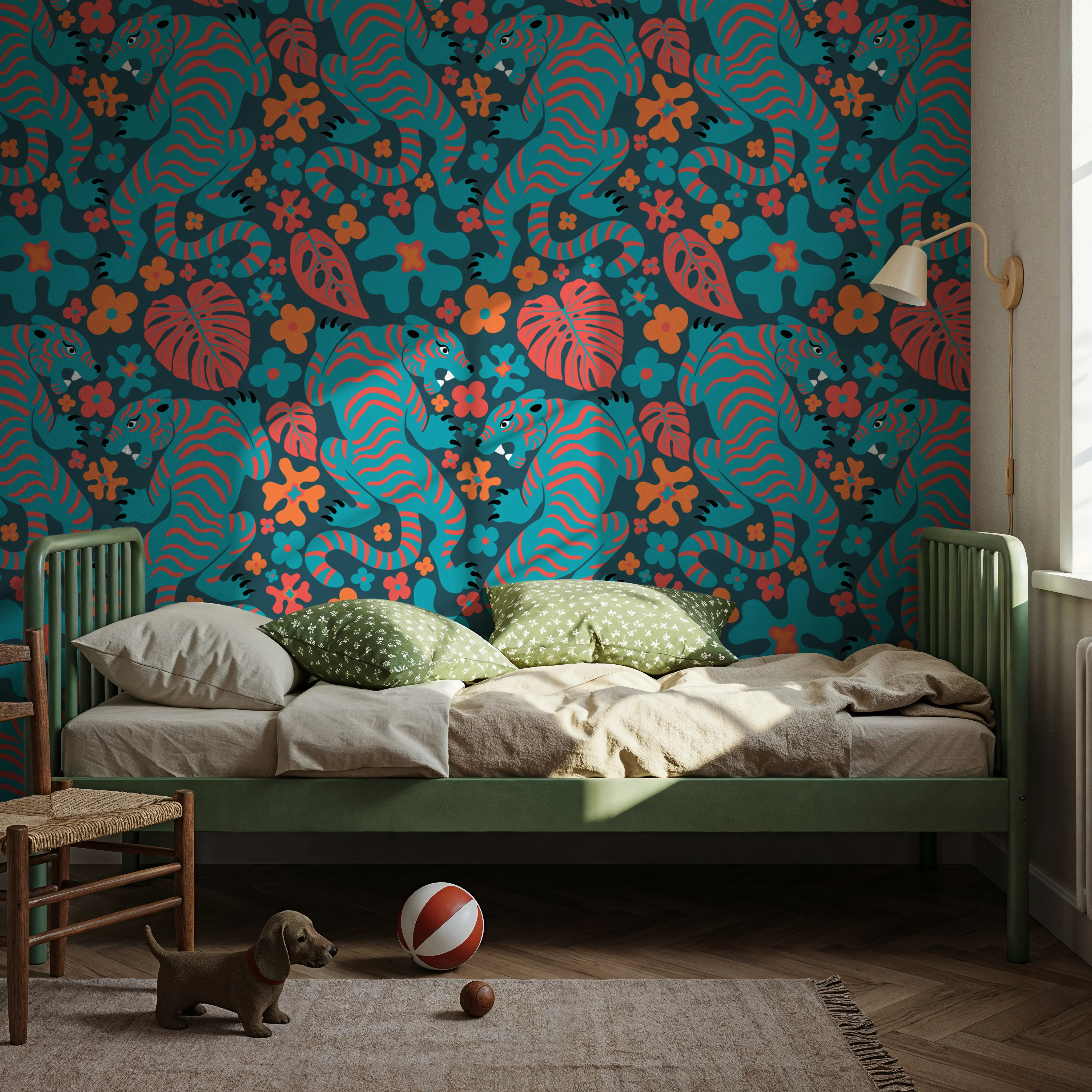 Papier Peint - Otomi Cool Tigers, Coral & Teal - Graphiques Sauvage - Bleu - Salle à manger - Wallism Belgique - Encollage au mur ou Autocollant