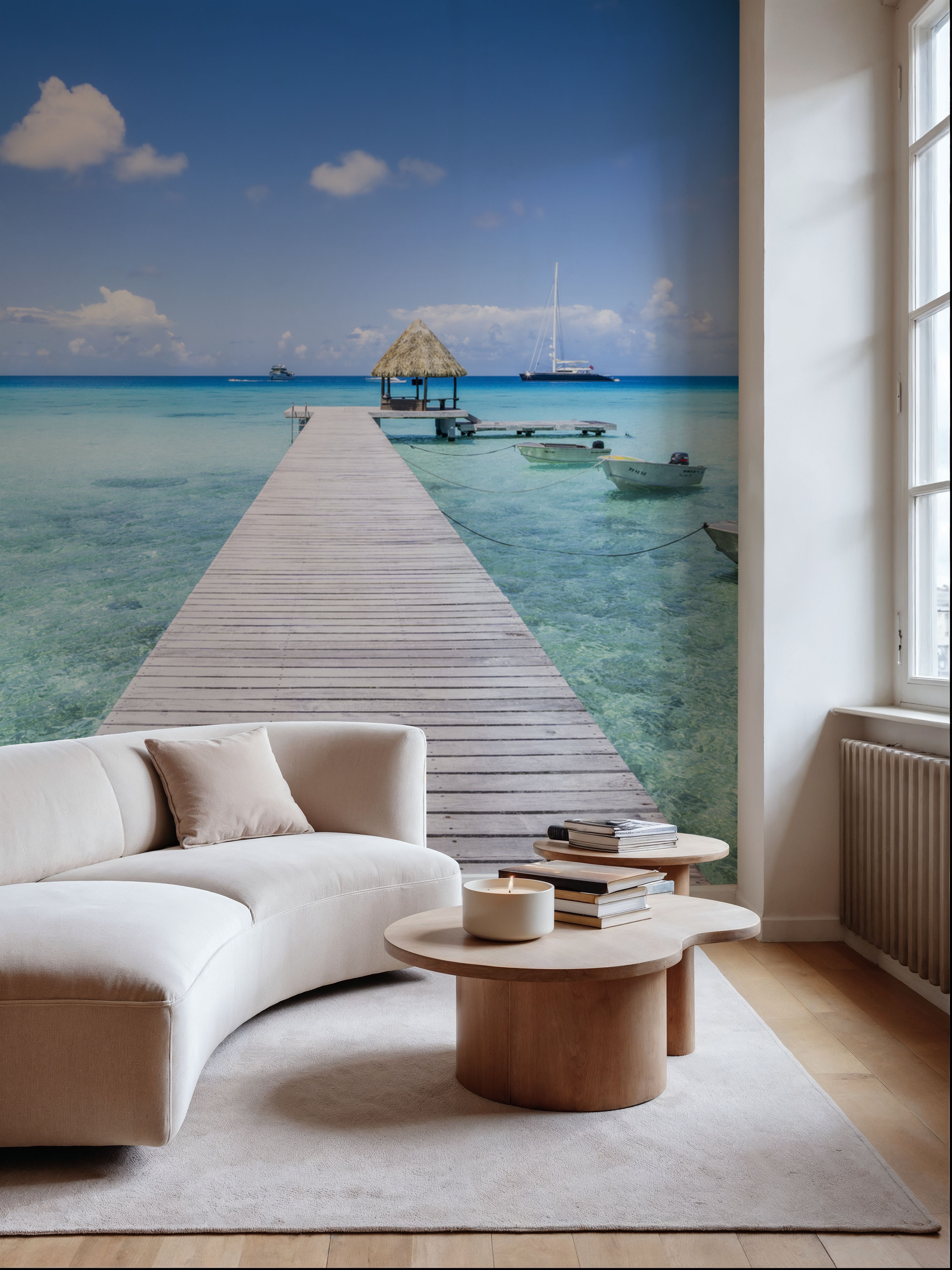 Wall Mural - Wooden Pier - Beach Sea mural wallpaper - Blue - Bedroom - Wallism US - Premium, Textured or Peel & Stick