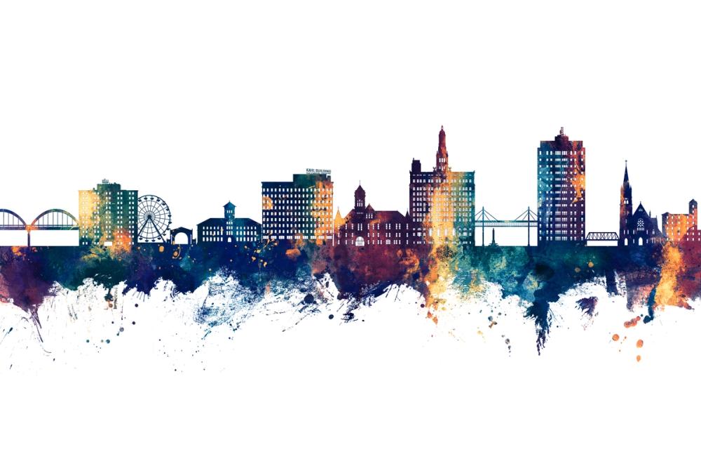 Davenport Iowa Skyline Blue & Bronze