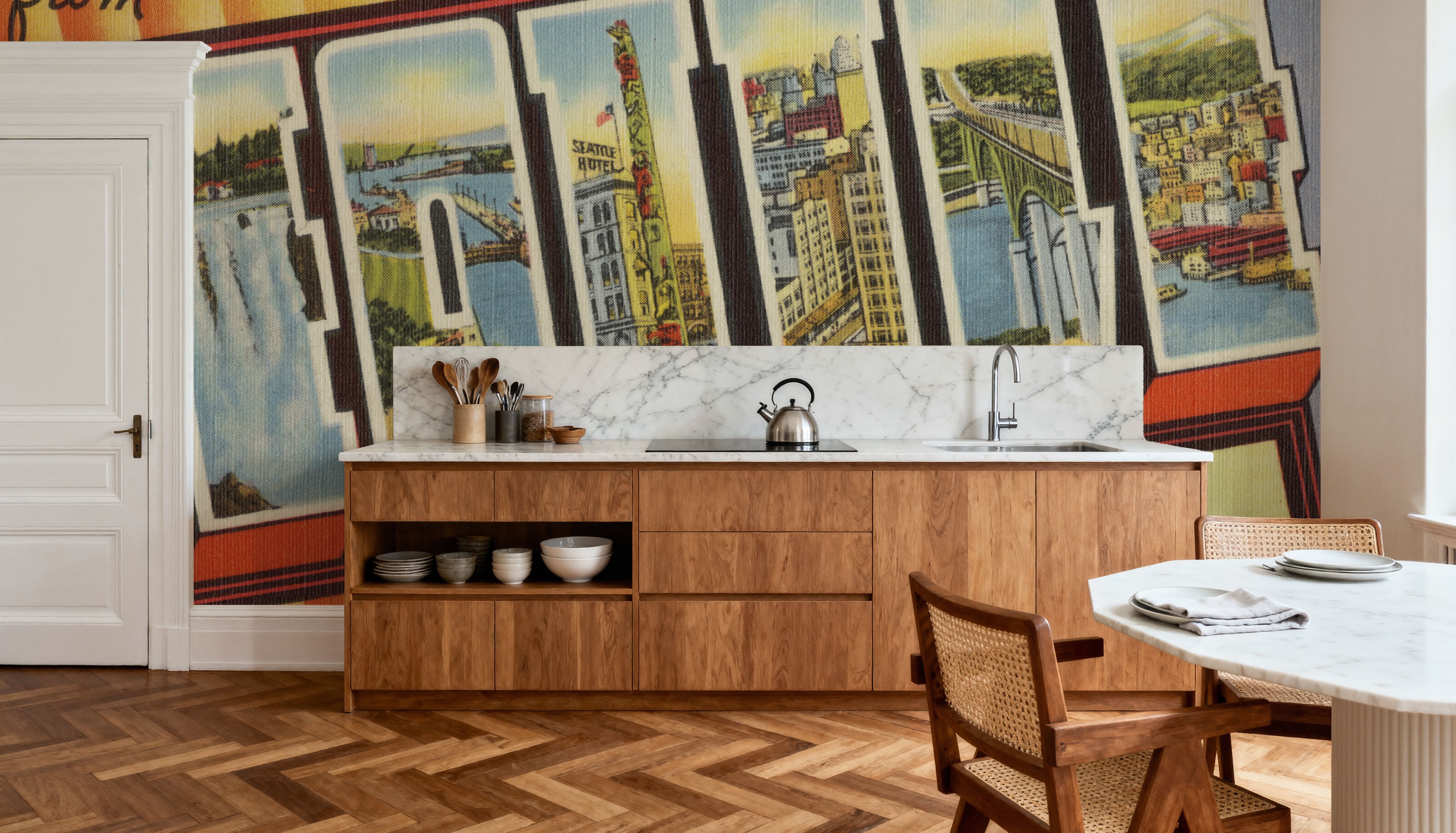 Greetings from Seattle - Screenprint Postcard, Wallpaper