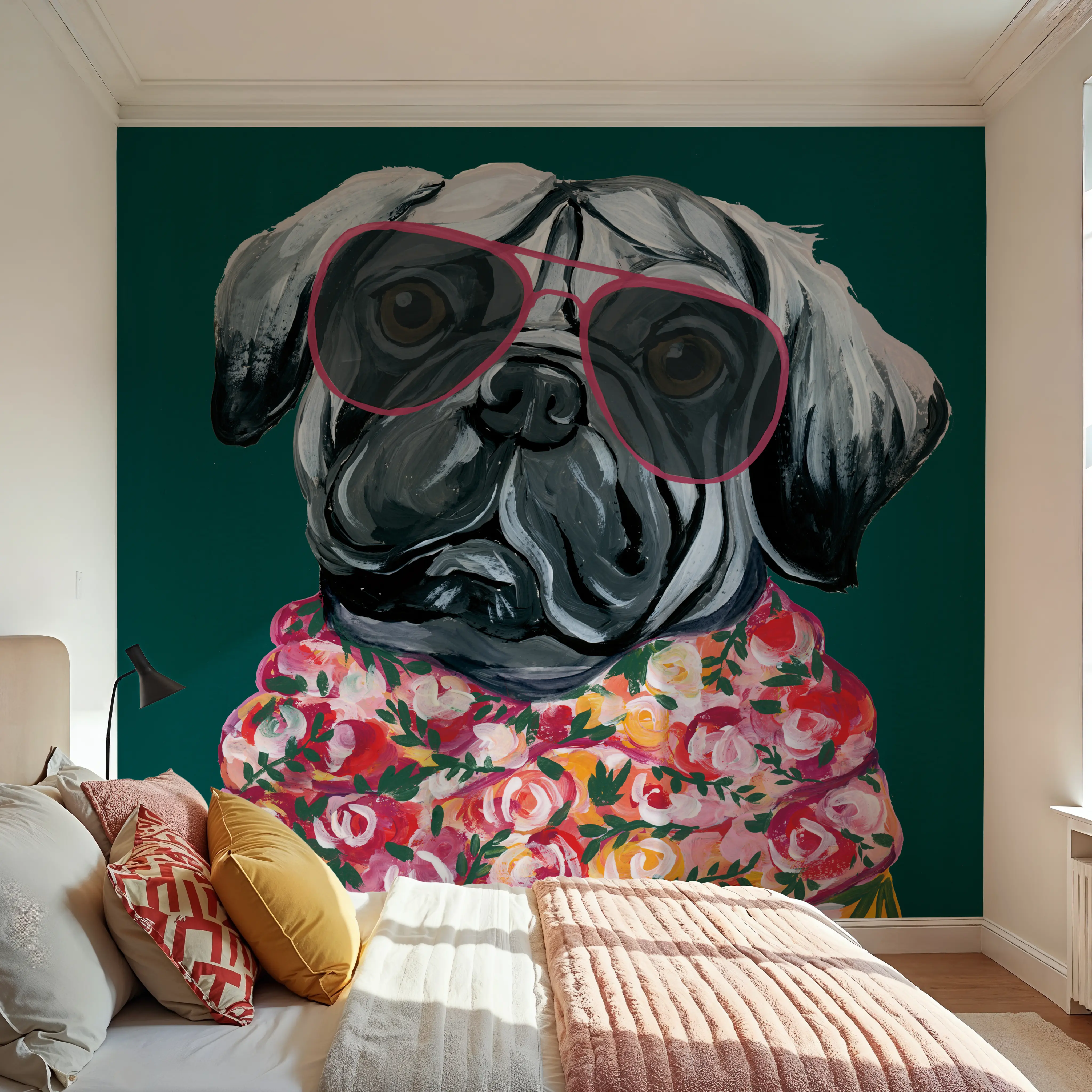 Wall Mural - Smug Pug - Graphics Animals mural wallpaper - Pink - Dining Room - Wallism UK - Peel & Stick or Paste-the-Wall