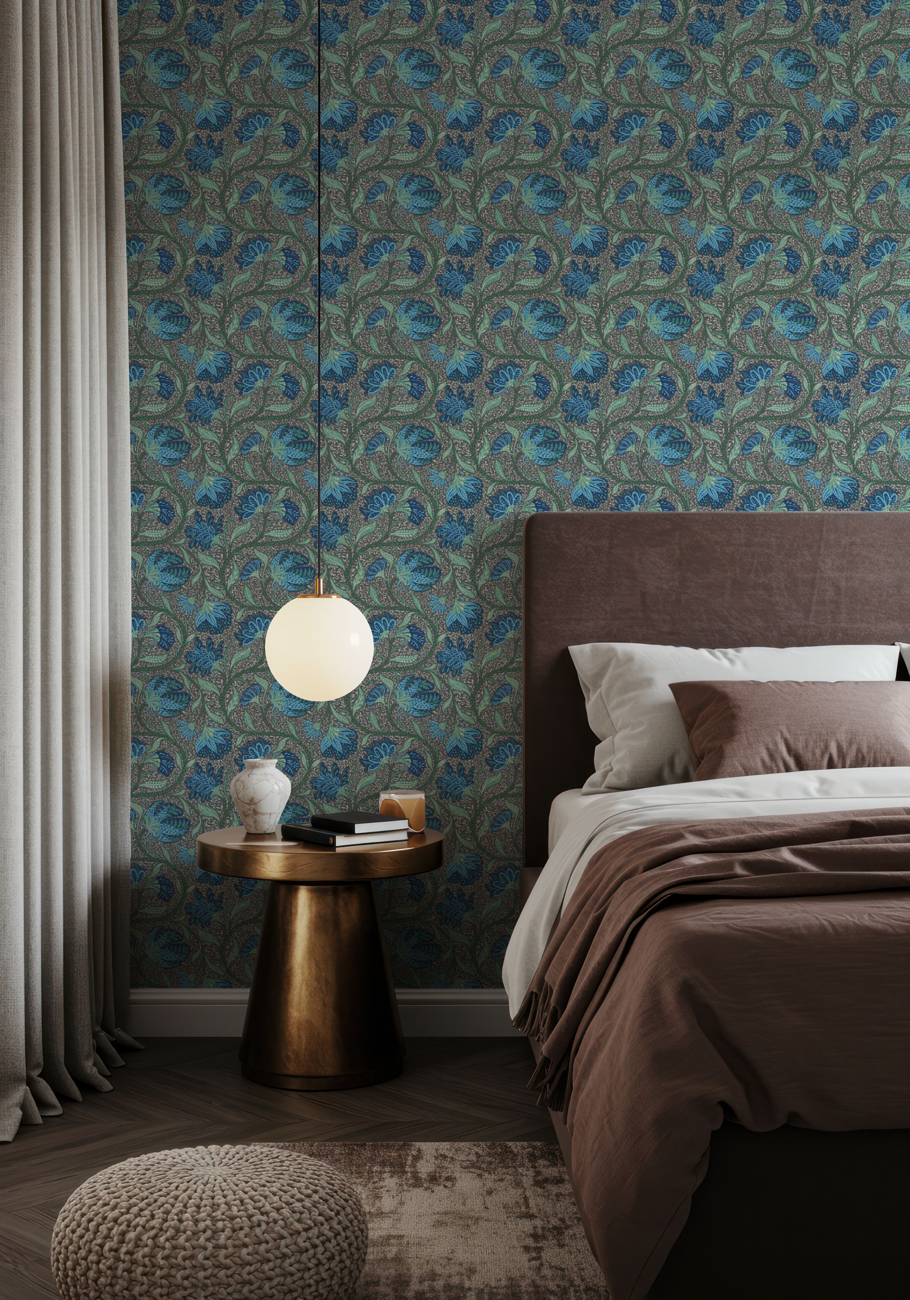 Indial Floral, Teal on Slate