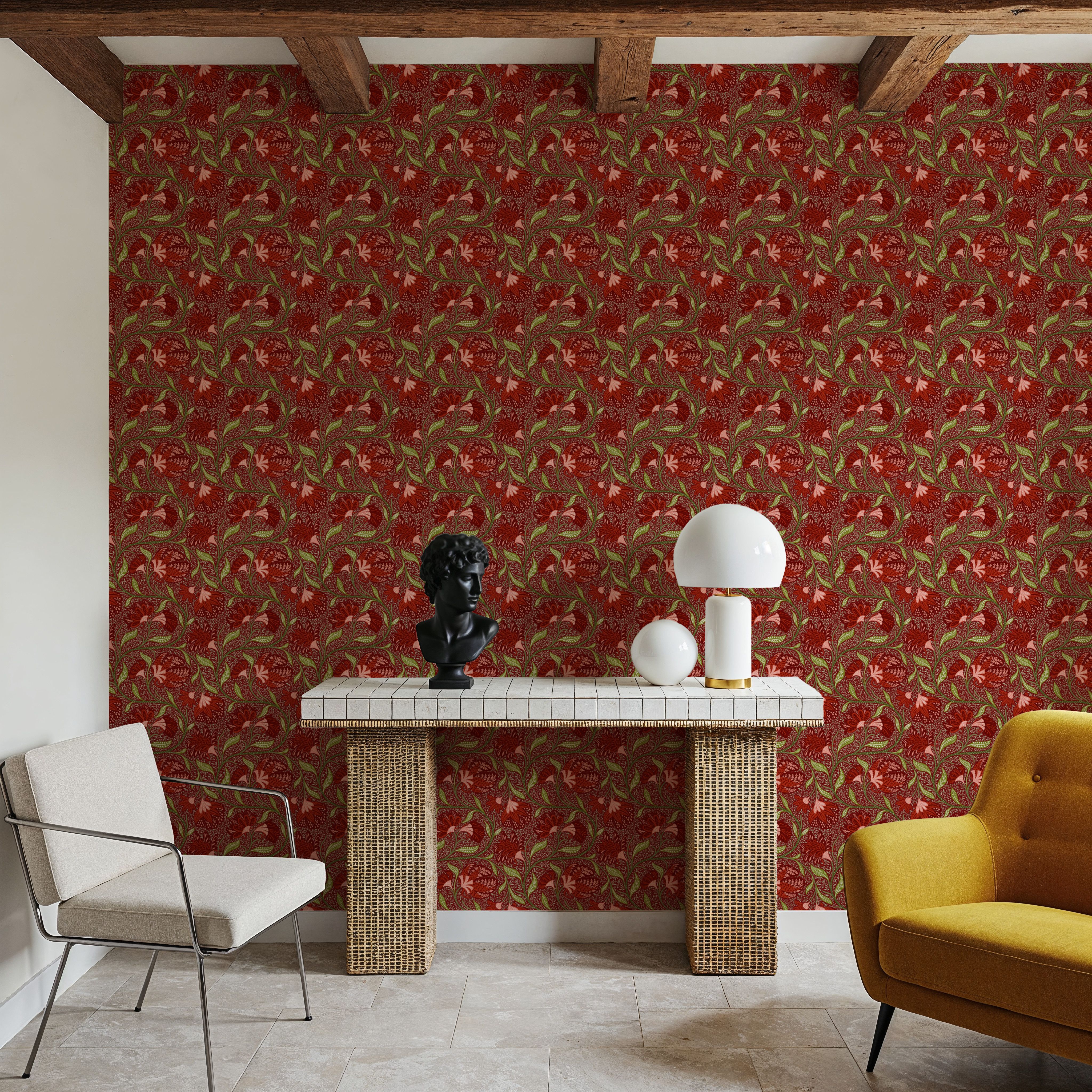 Indial Floral, Vermilion on Maroon