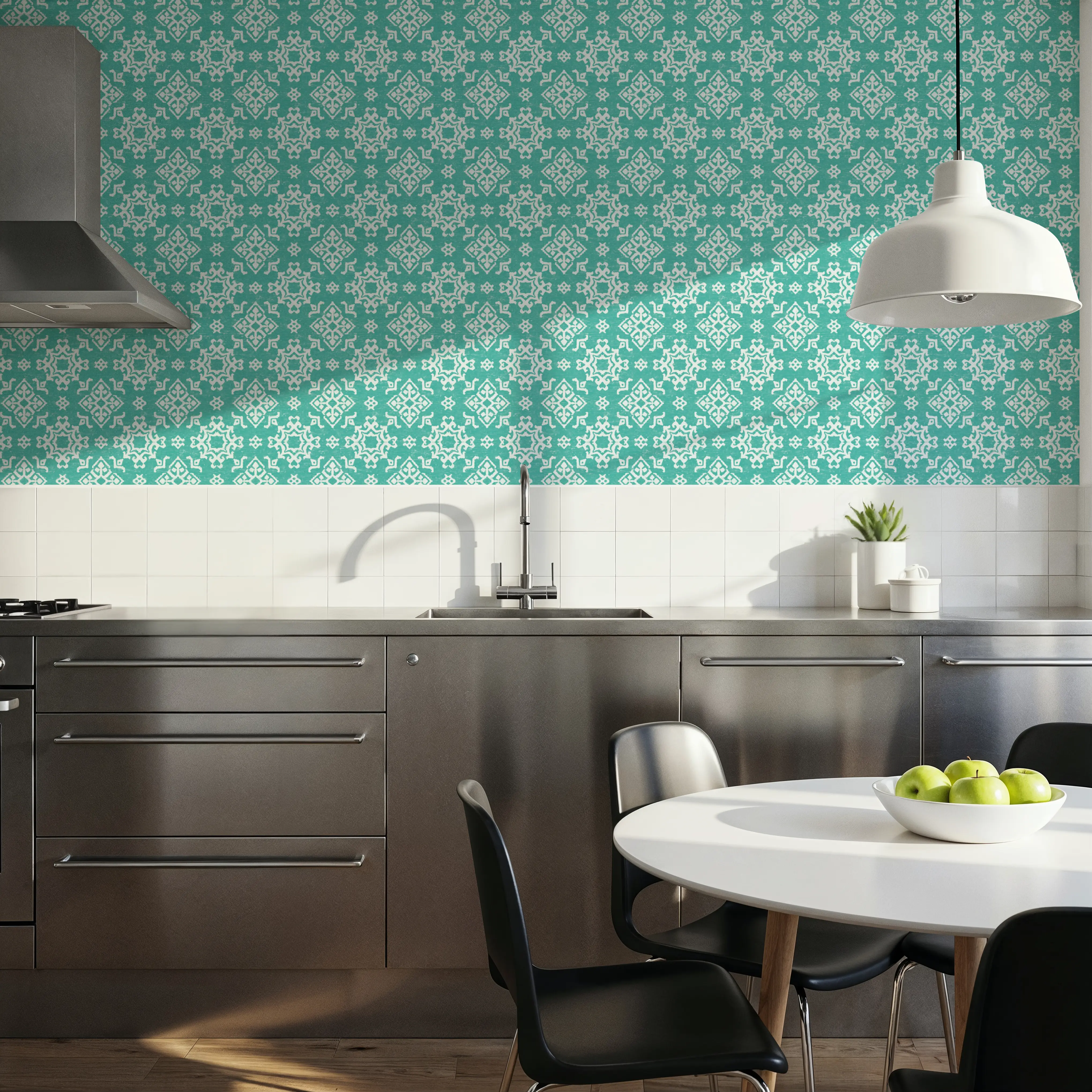 Behang - Atlantic Flakes Turqouise - Folk Klassiek Ikat - Blauw - Eetkamer - Wallism België - Zelfklevend of Vliesbehang