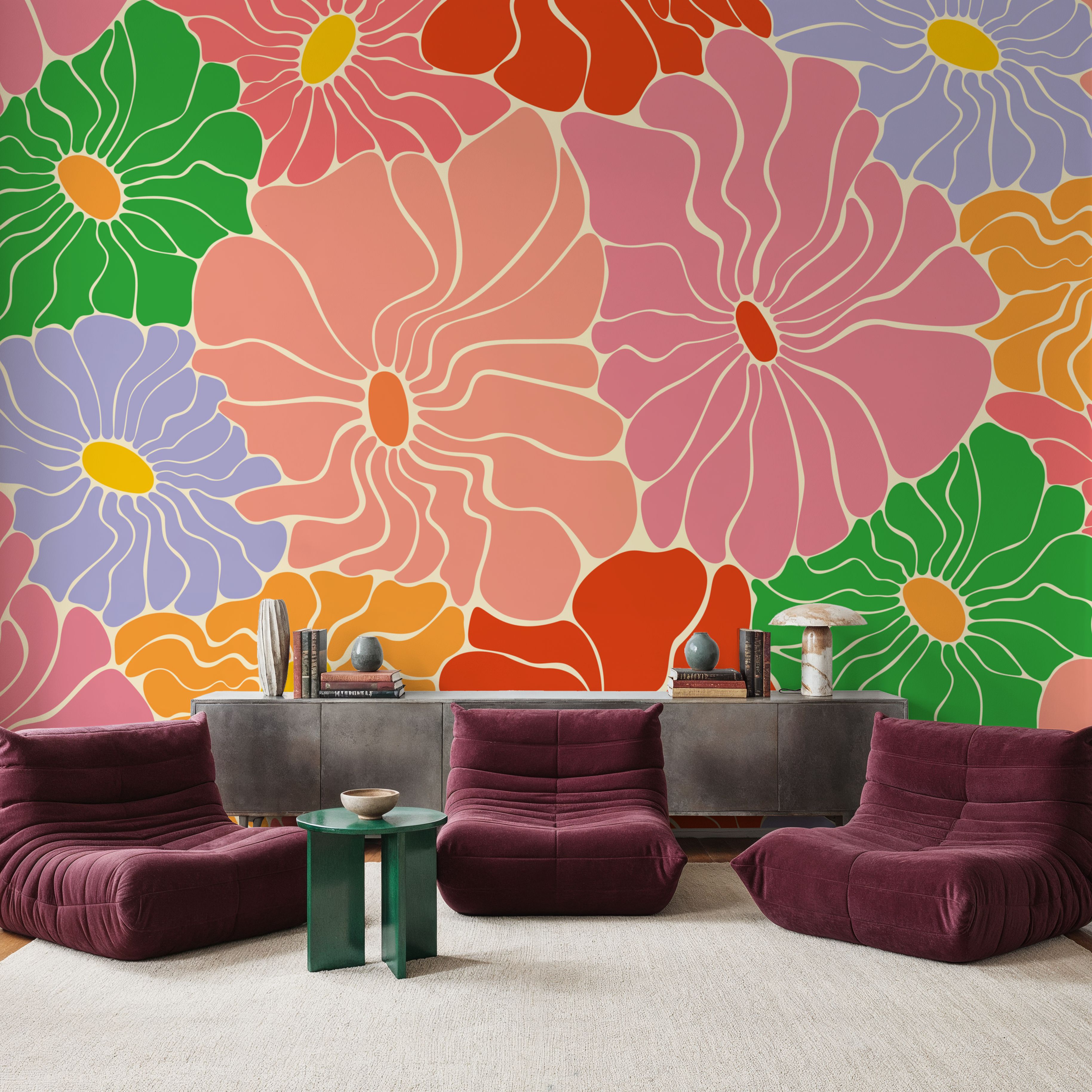 Cool Fluid Flowers Mural, Bright Multi