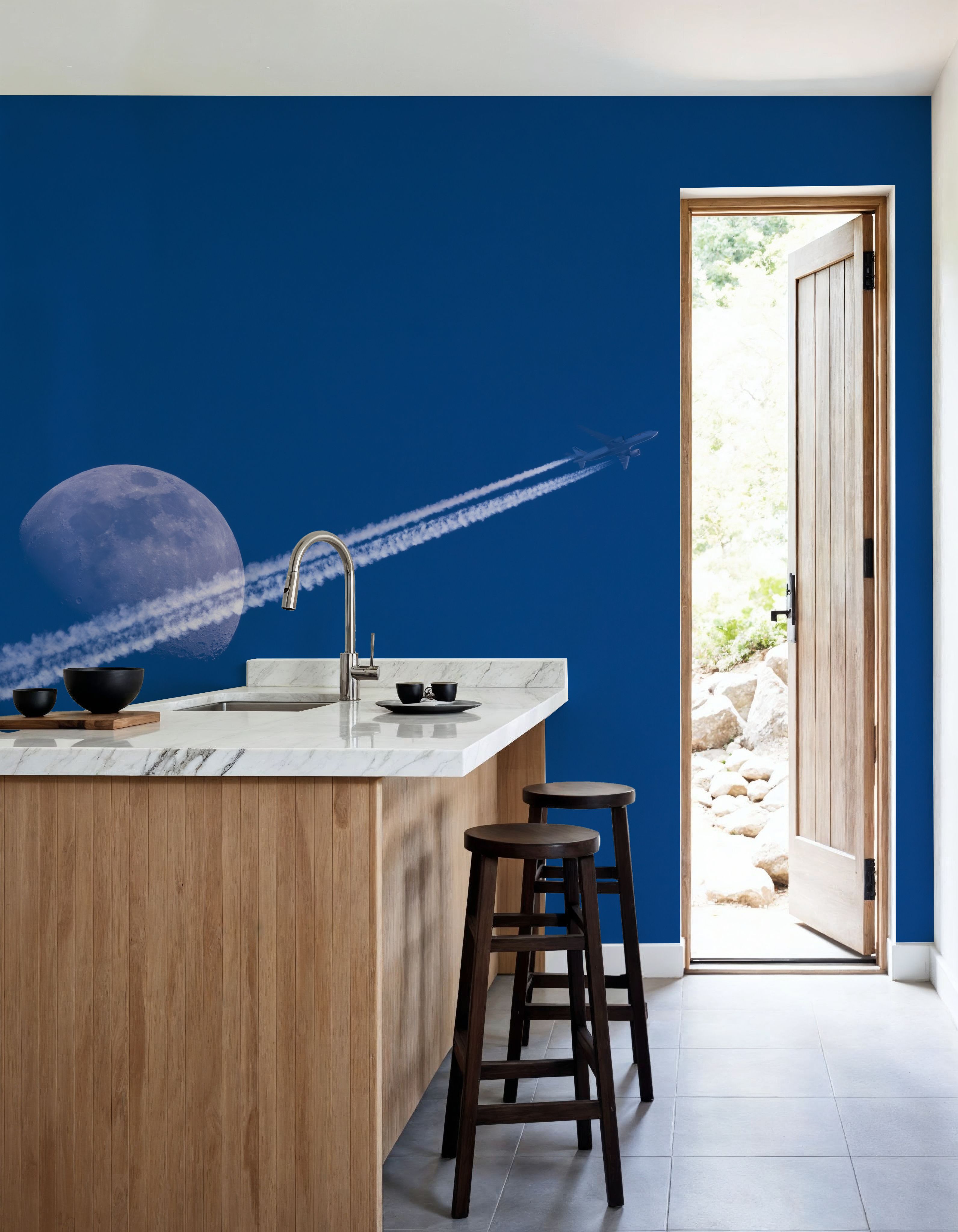 Airplane Trails and Moon