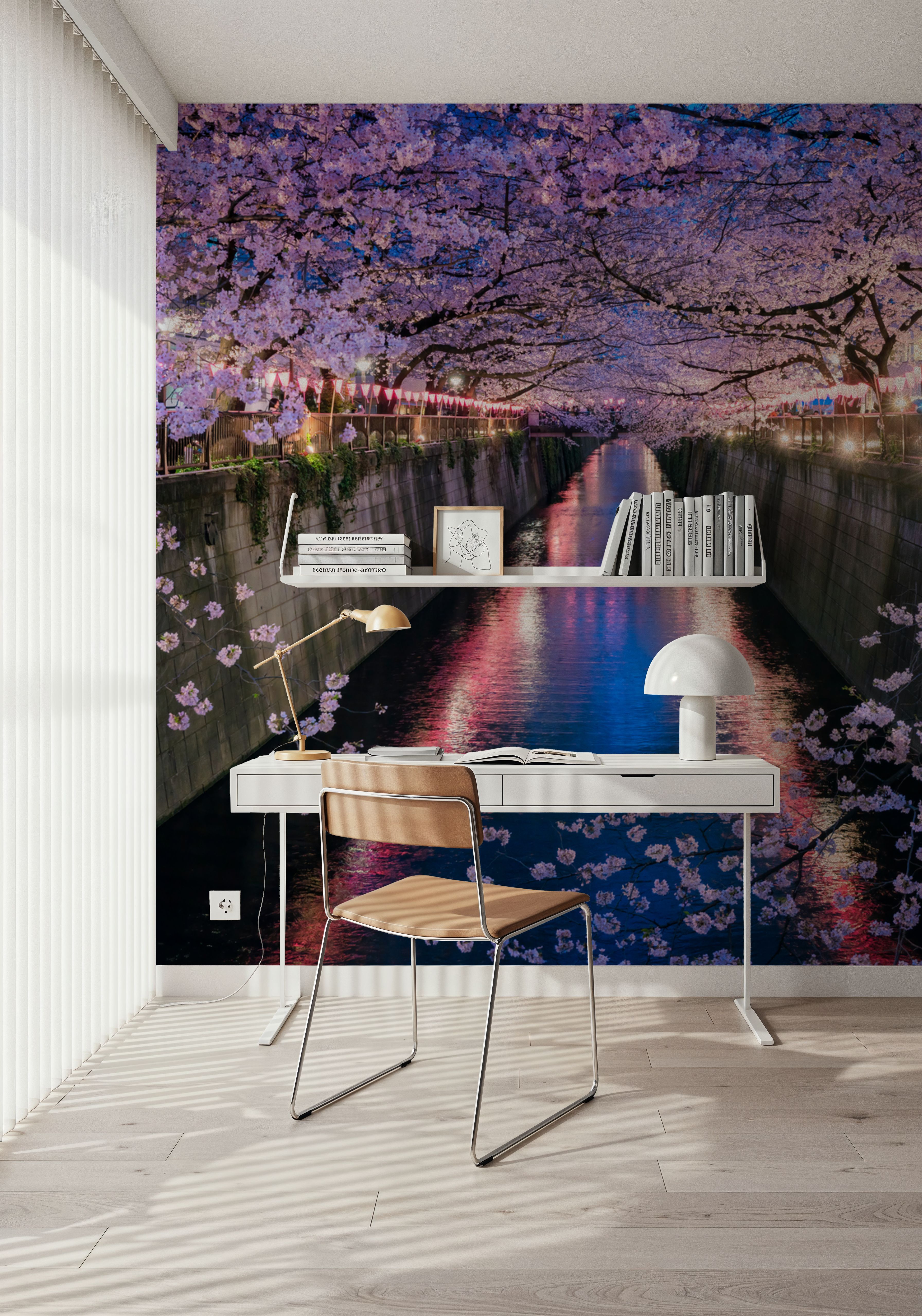 Wall Mural - Nakameguro Cherry Blossom - Floral Street mural wallpaper - Pink - Living room - Wallism US - Premium, Textured or Peel & Stick