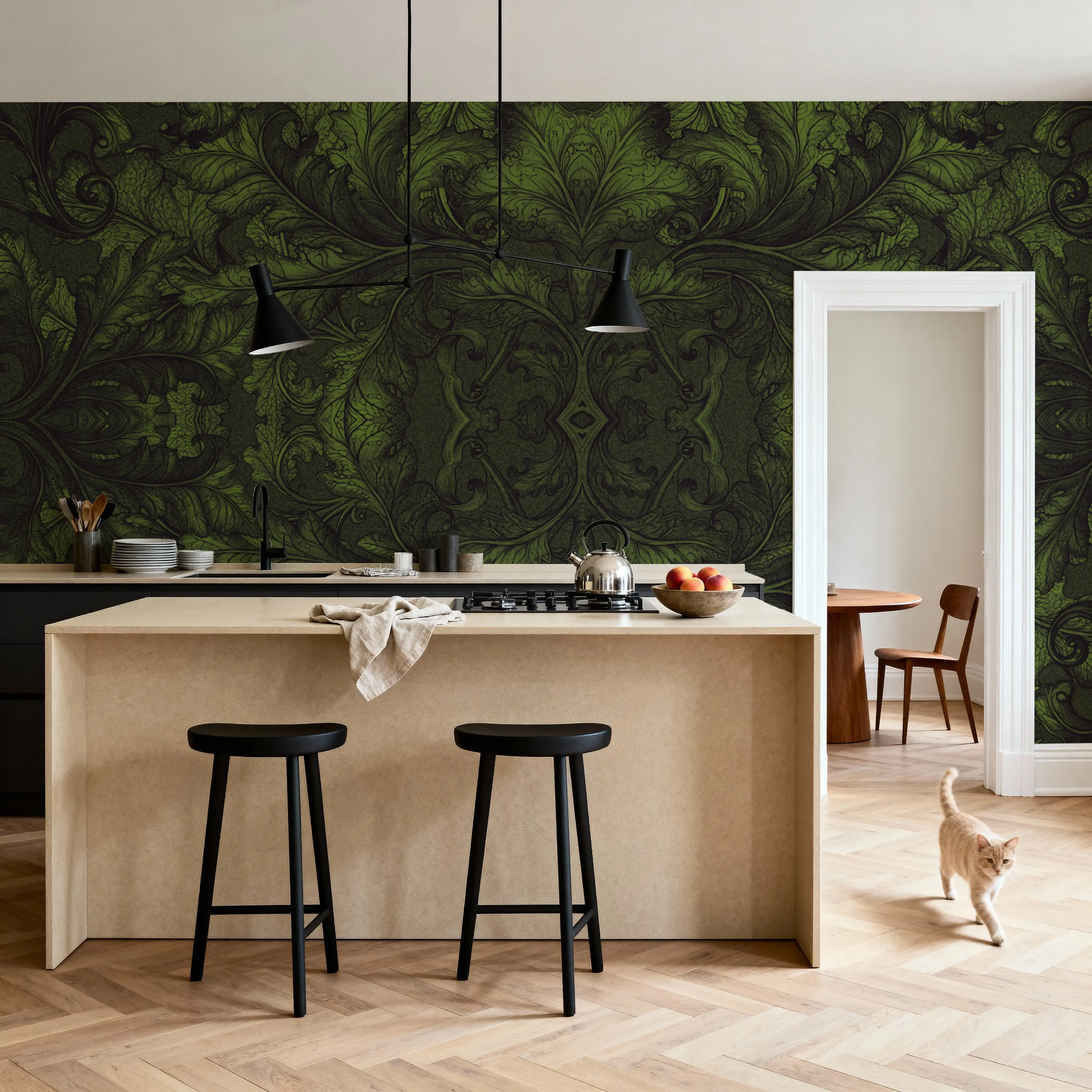 Papier Peint Panoramique - Nesting Green - Damas Folklorique - Vert - Chambre - Wallism Belgique - Encollage au mur ou Autocollant