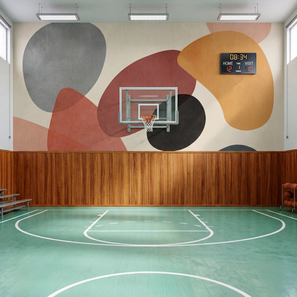 A gymnasium with basket ball goal and abstract wall mural wallpaper as colorful shapes