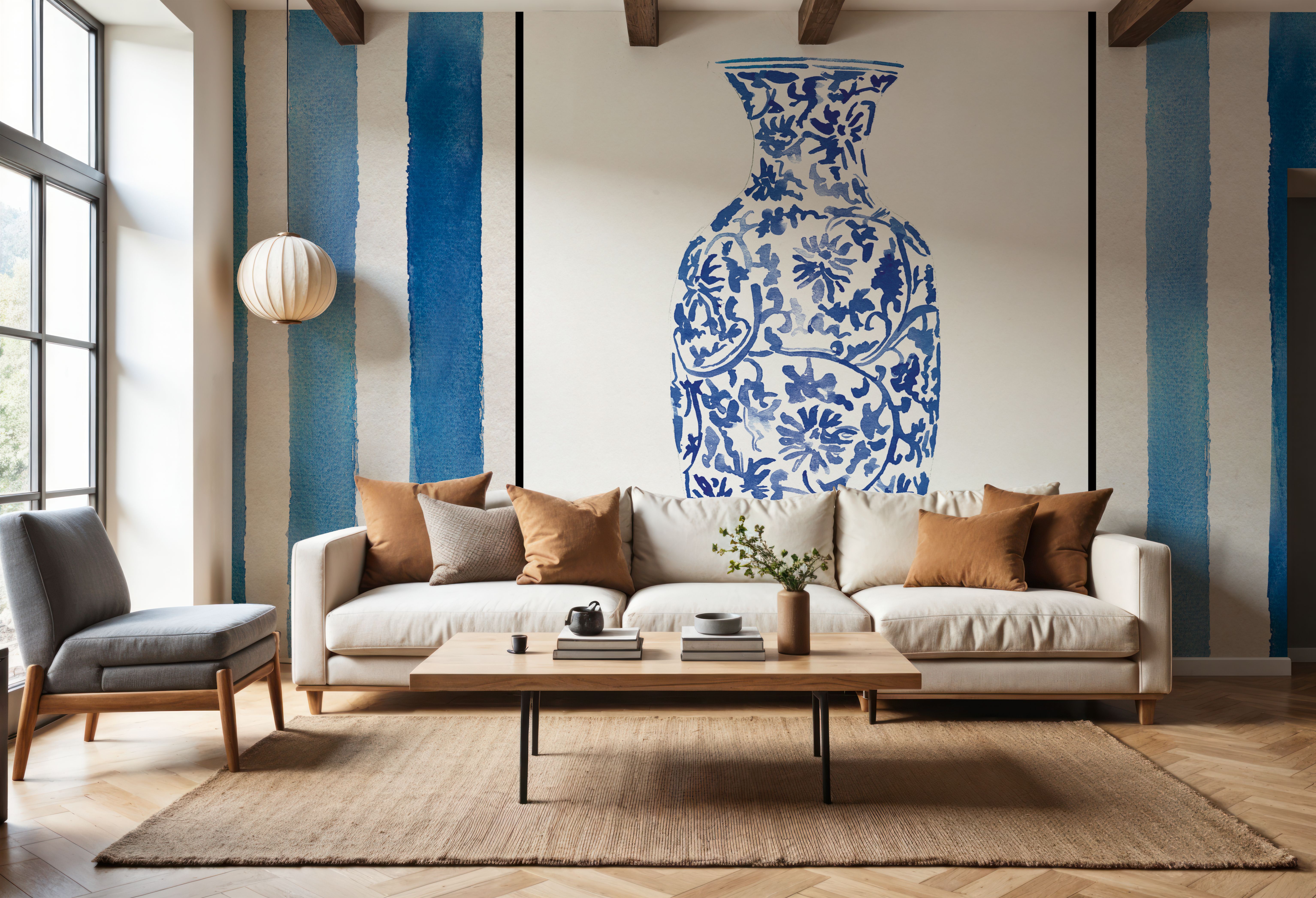 Chinoiserie Vase II Stripes, Wallpaper