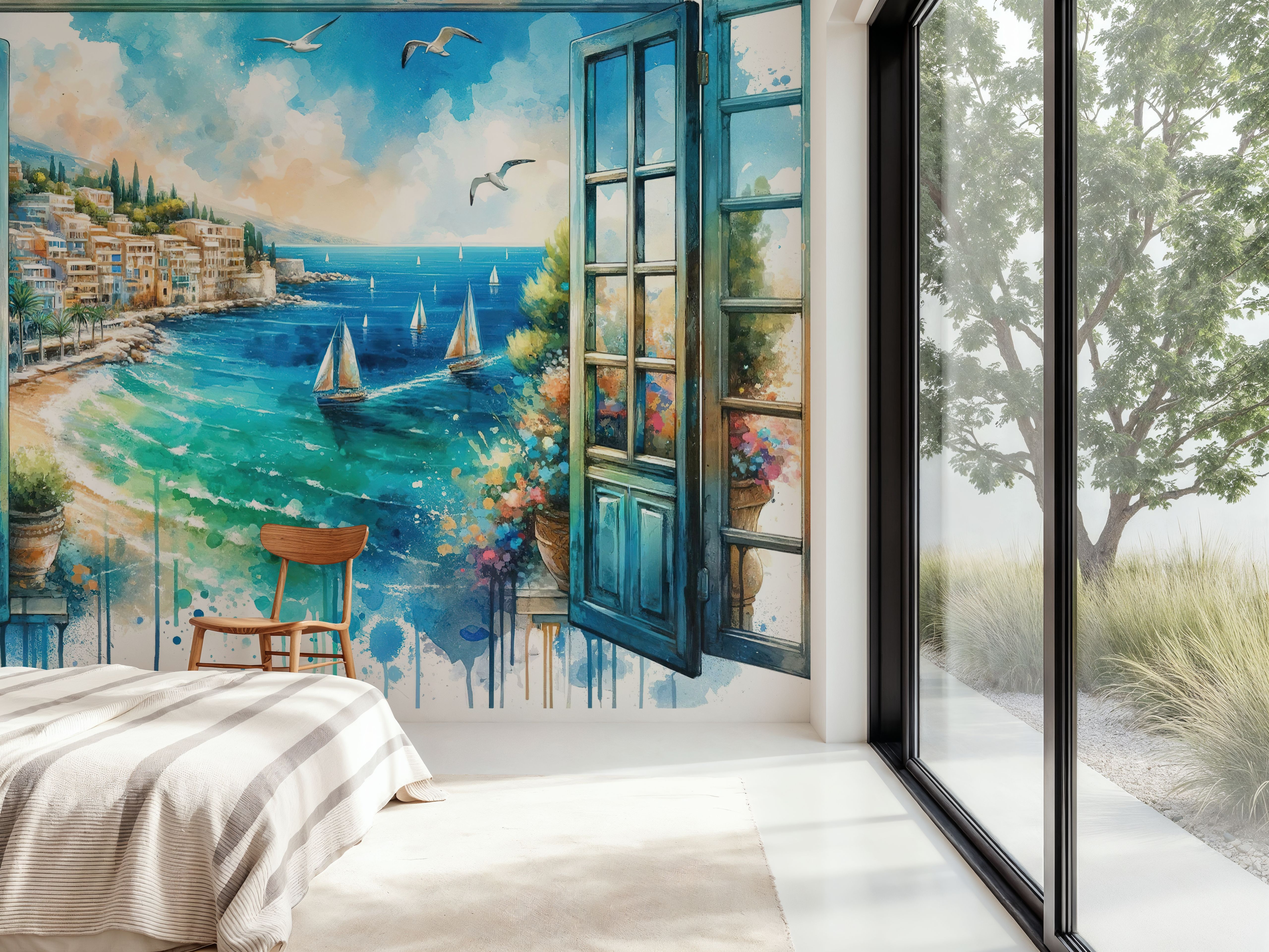 Mediterranean Coastline through Open Window
