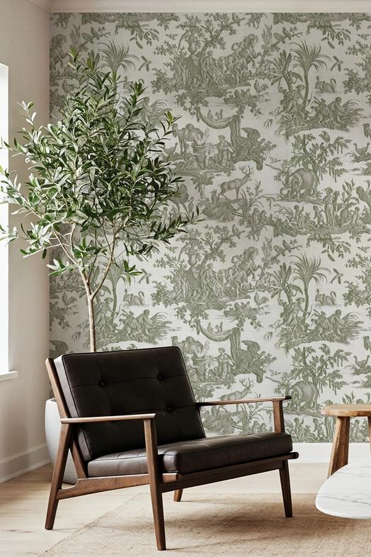 Patinated Linen Toile de Jouy, Olive