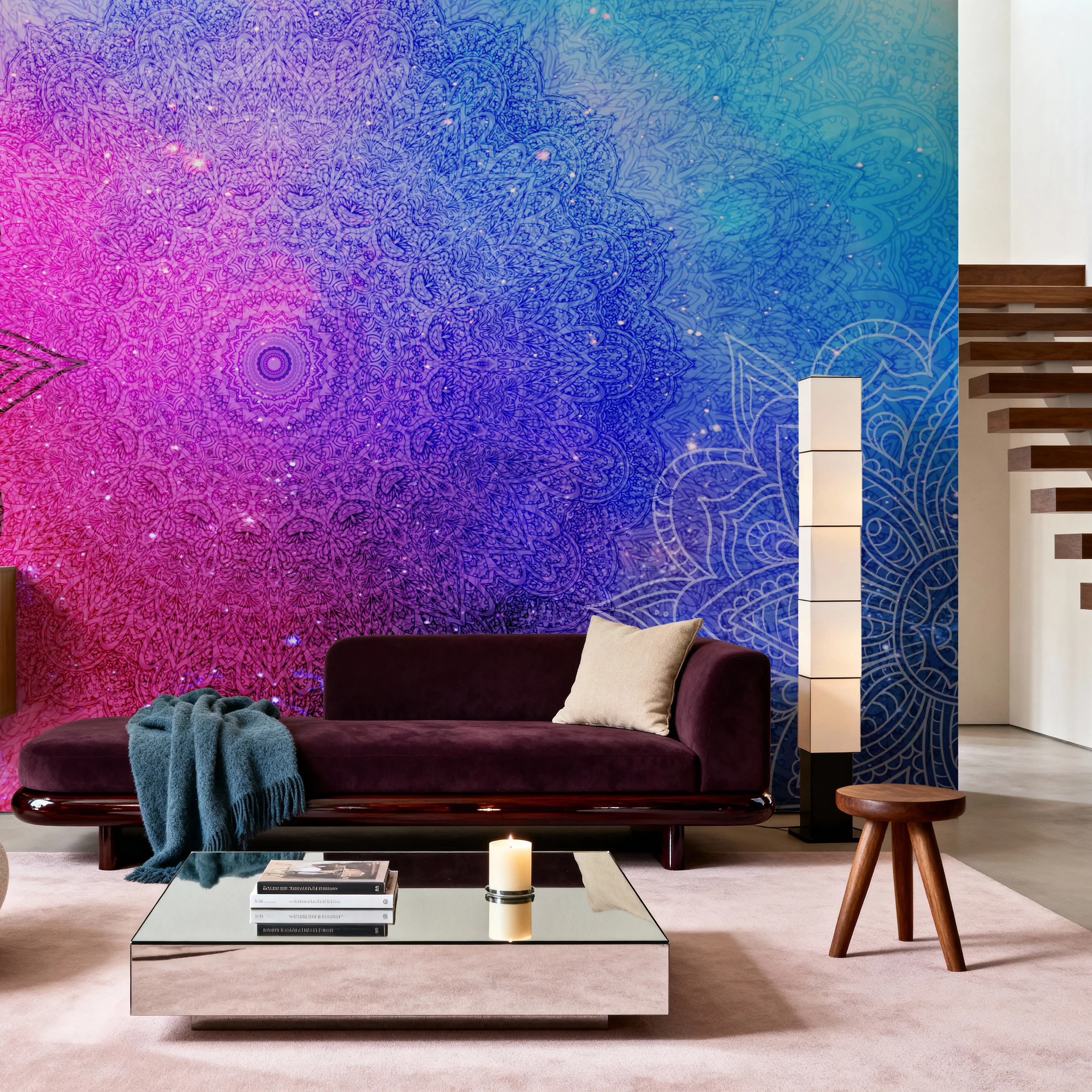 Papier Peint Panoramique - Mandala, Blue & Pink - Abstrait - Salle à manger - Wallism Belgique - Encollage au mur ou Autocollant