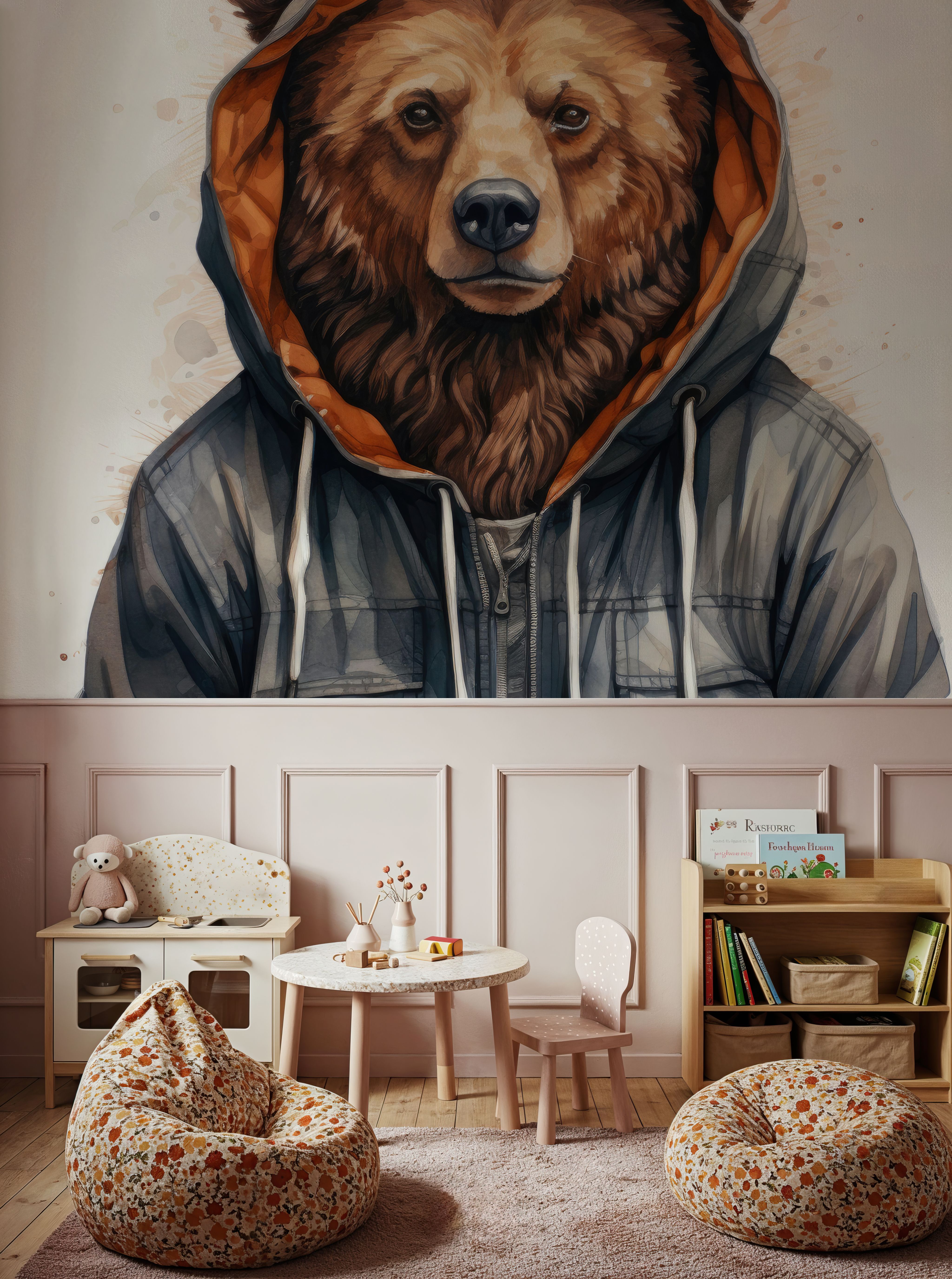 Watercolor Cartoon Grizzly Bear in a Hoodie