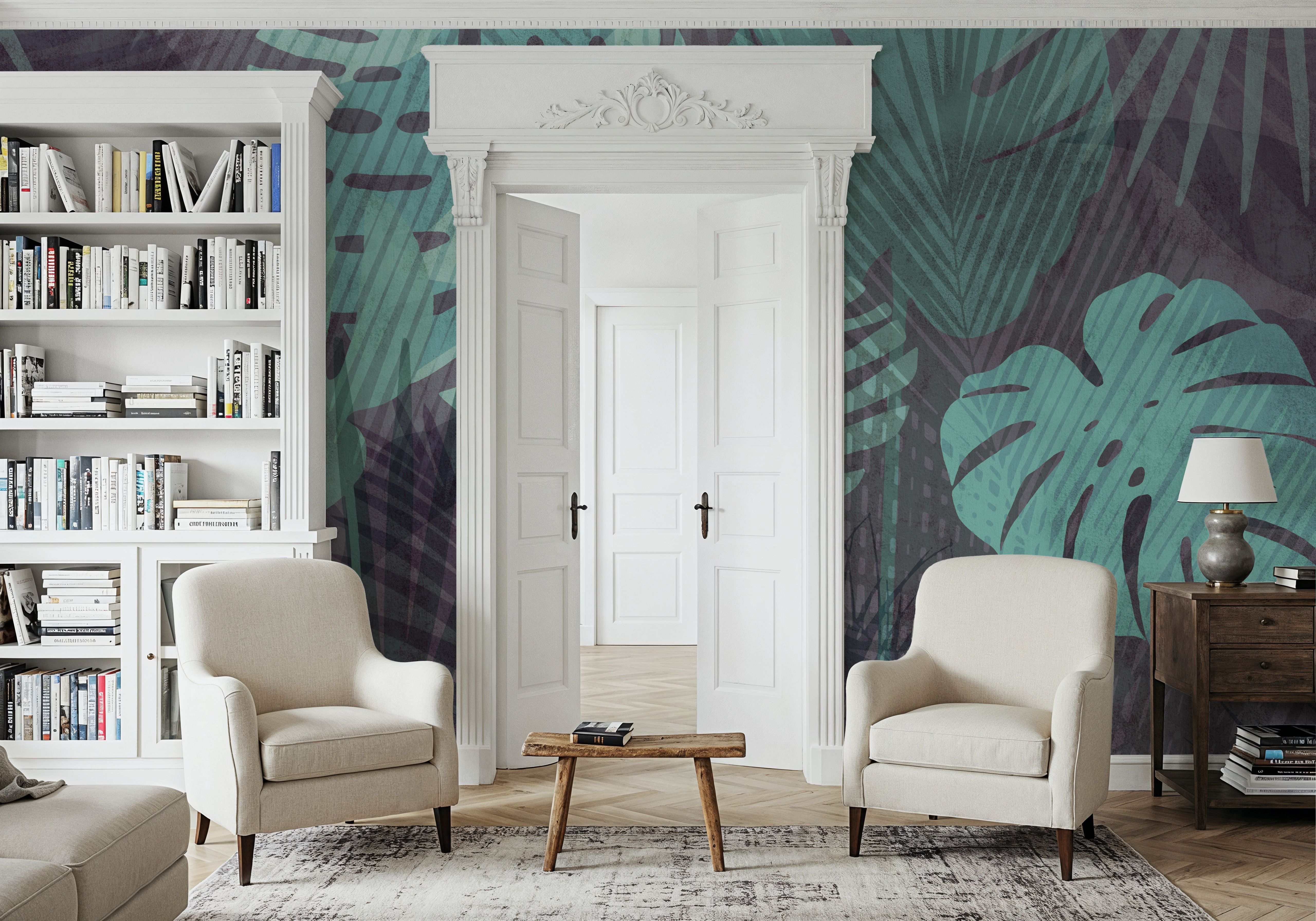 Big Monstera Leaves, Cyan, Wallpaper