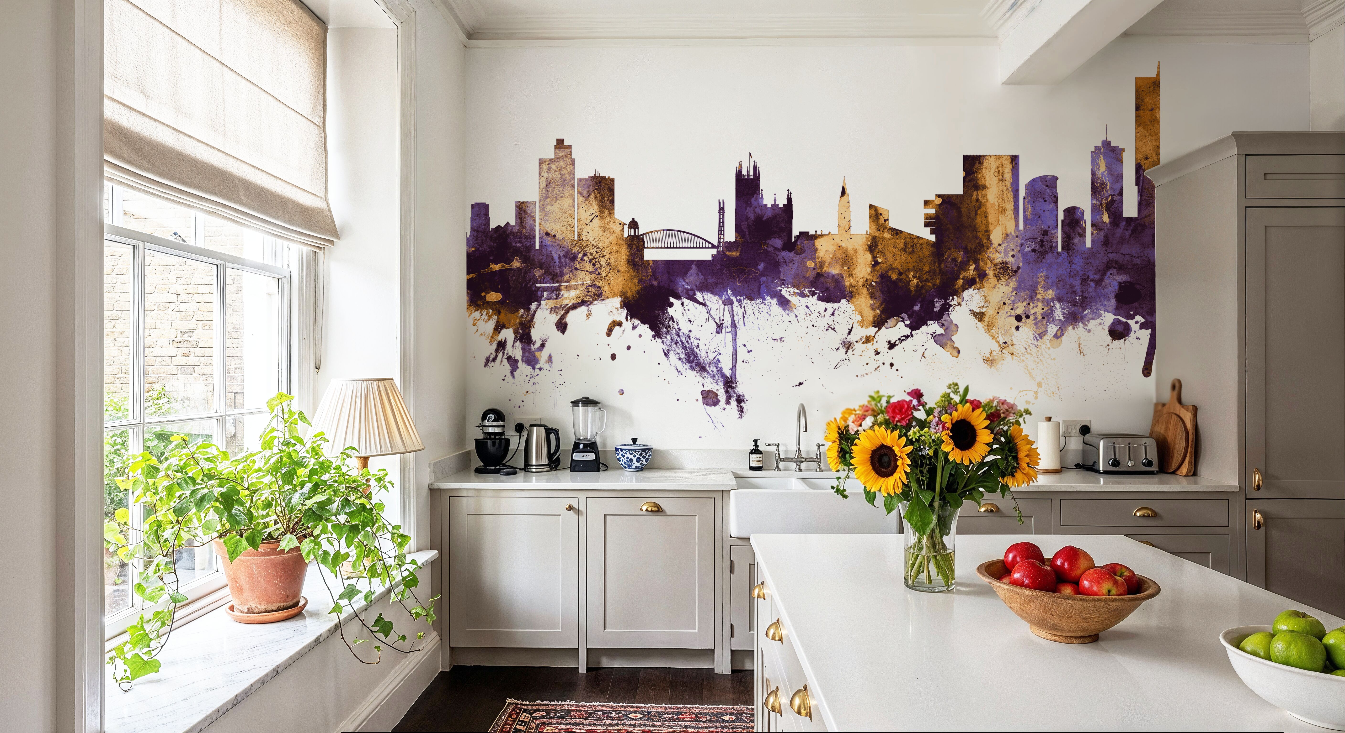 Manchester England Skyline Purple & Gold, Wallpaper