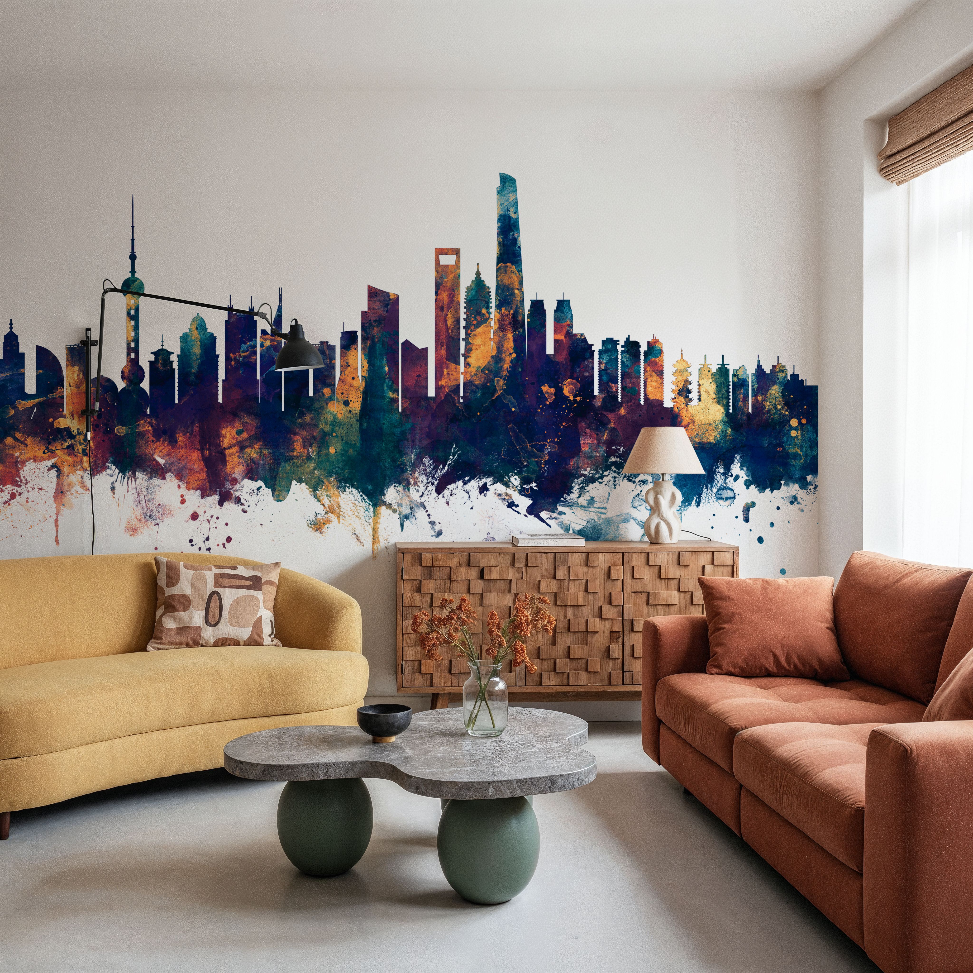 Shanghai China Skyline Blue & Bronze