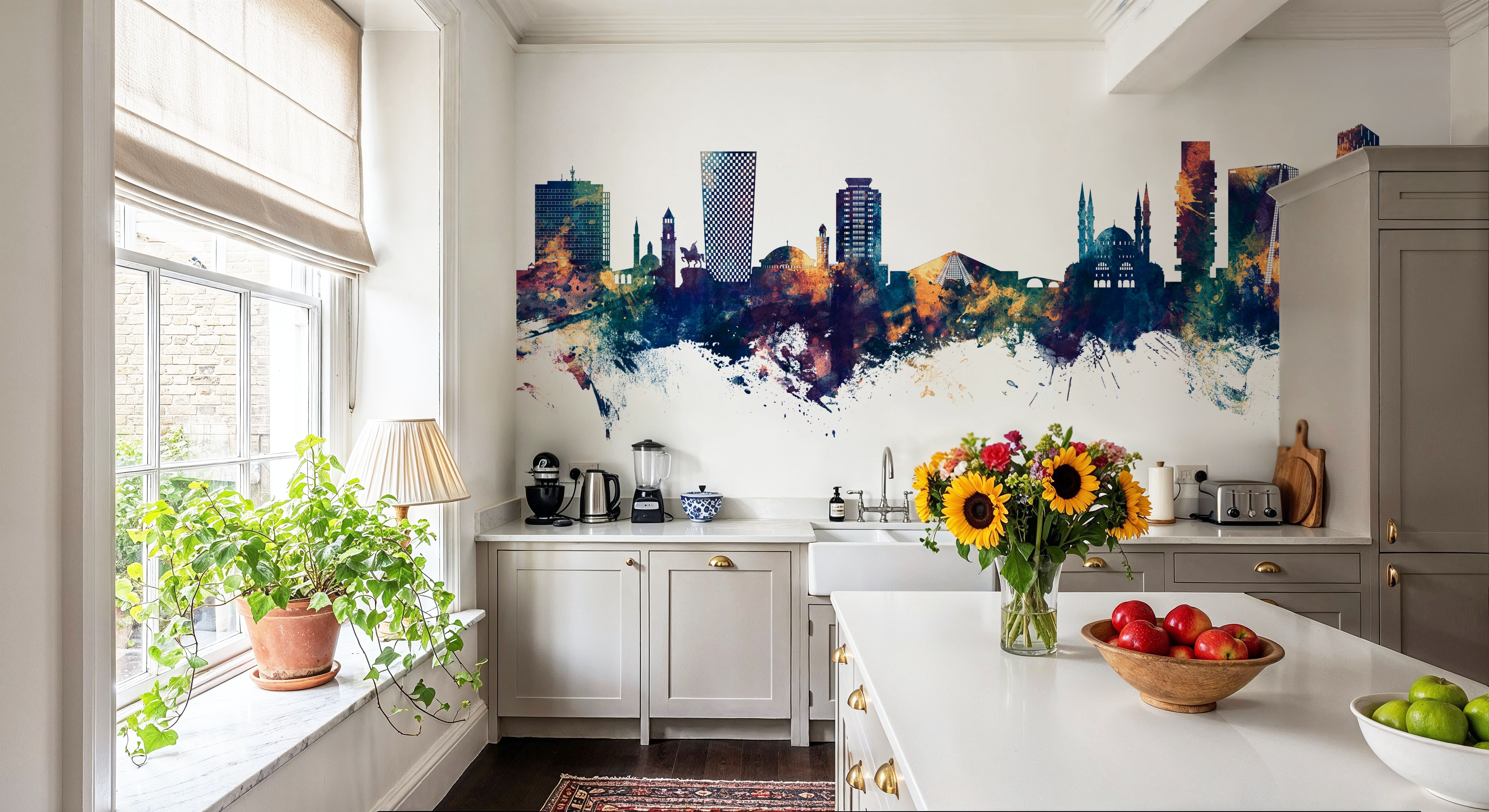 Tirana Skyline Blue & Bronze, Wallpaper