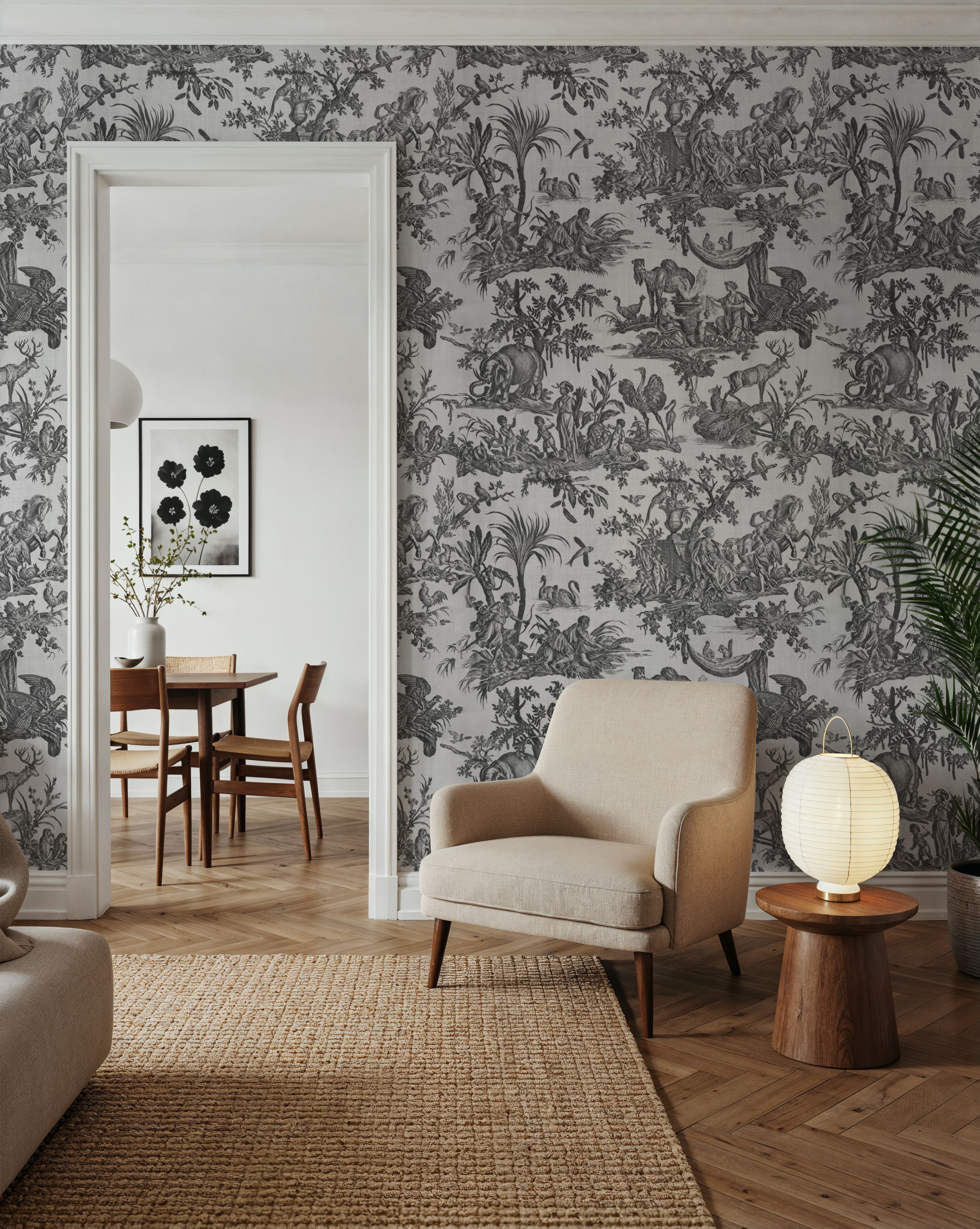 Patinated Linen Toile de Jouy, B&W