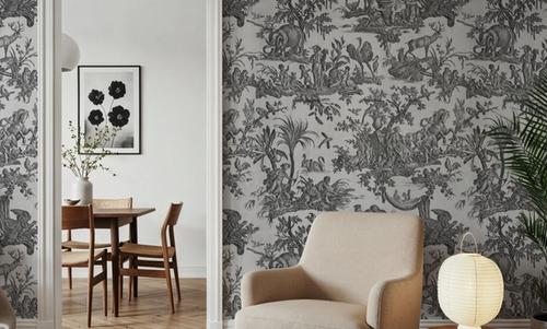 Patinated Linen Toile de Jouy, B&W