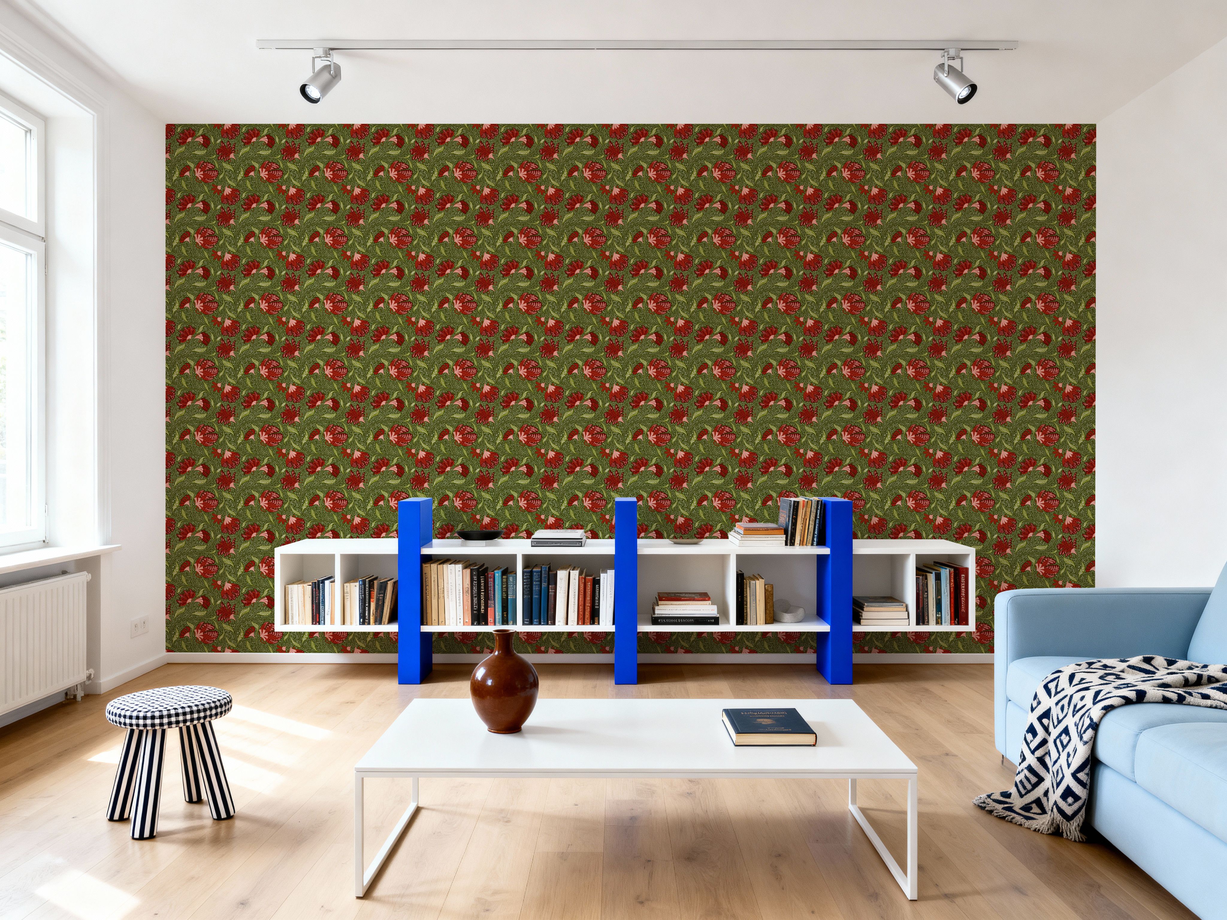 Indial Floral, Vermilion on Olive