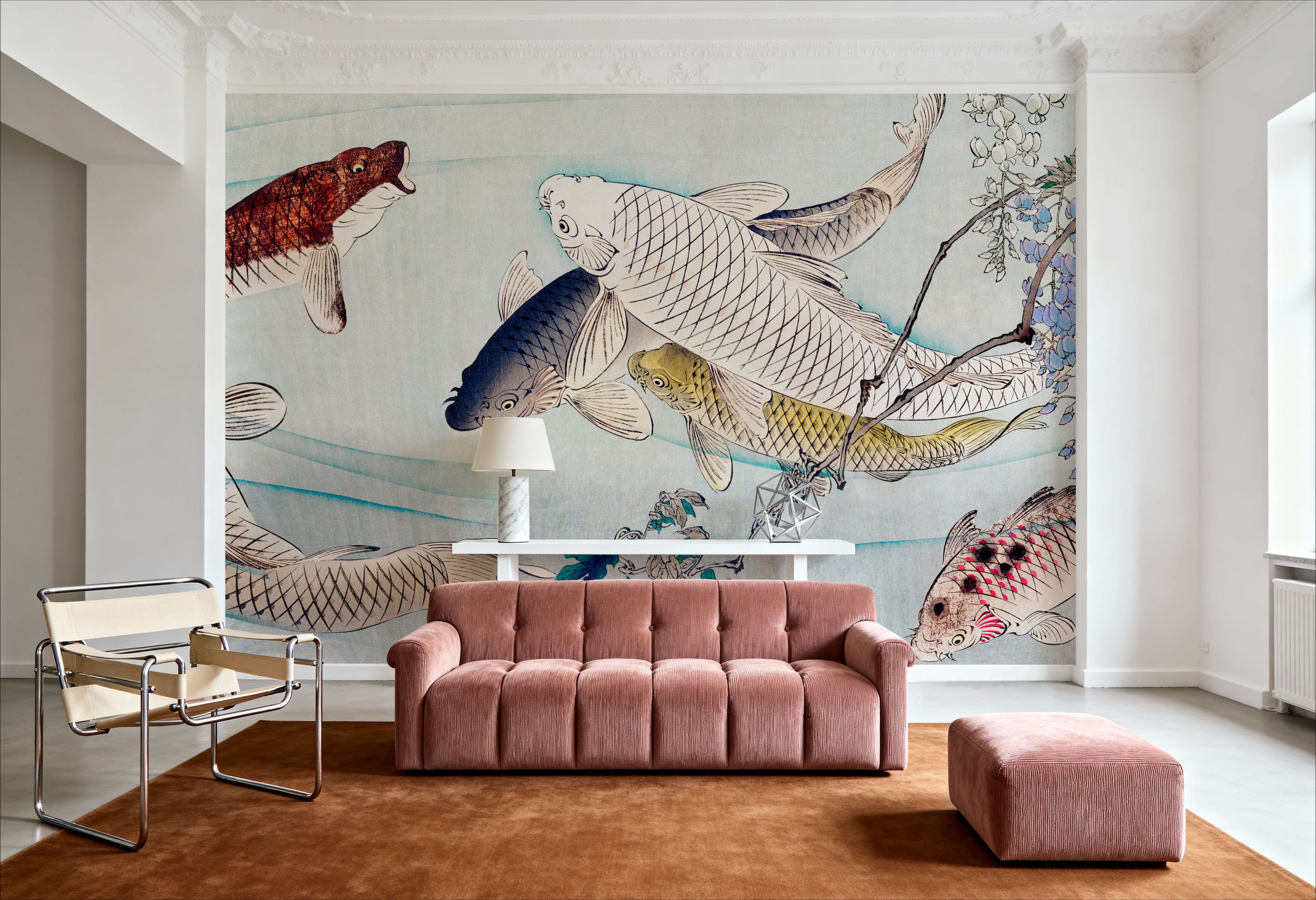 Six Carp Swimming Beneath Wisteria