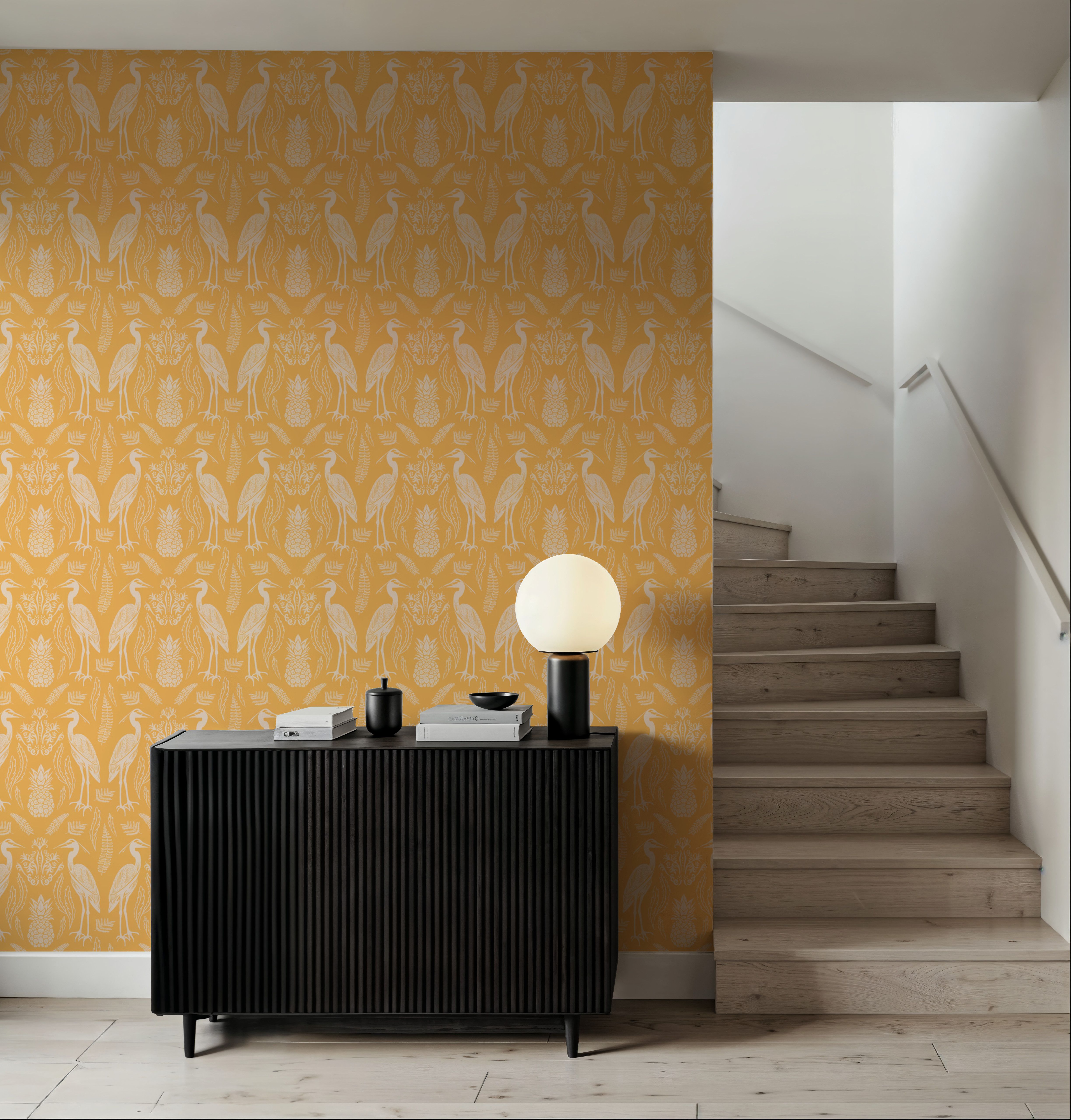 Heron & Ferns, Yellow, Wallpaper