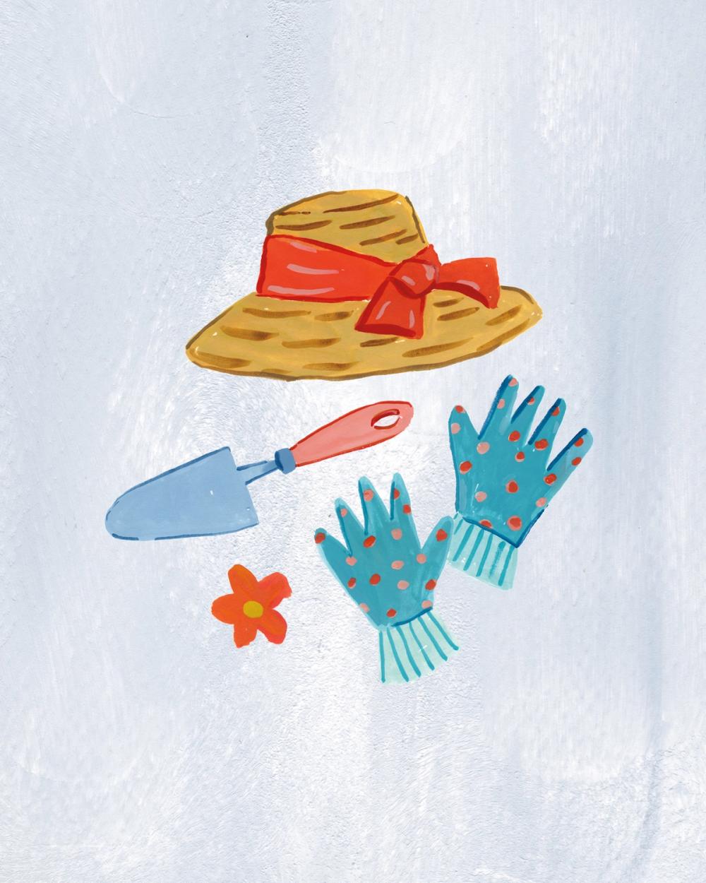 wallpaper mural design featuring naive illustration of gardening tools