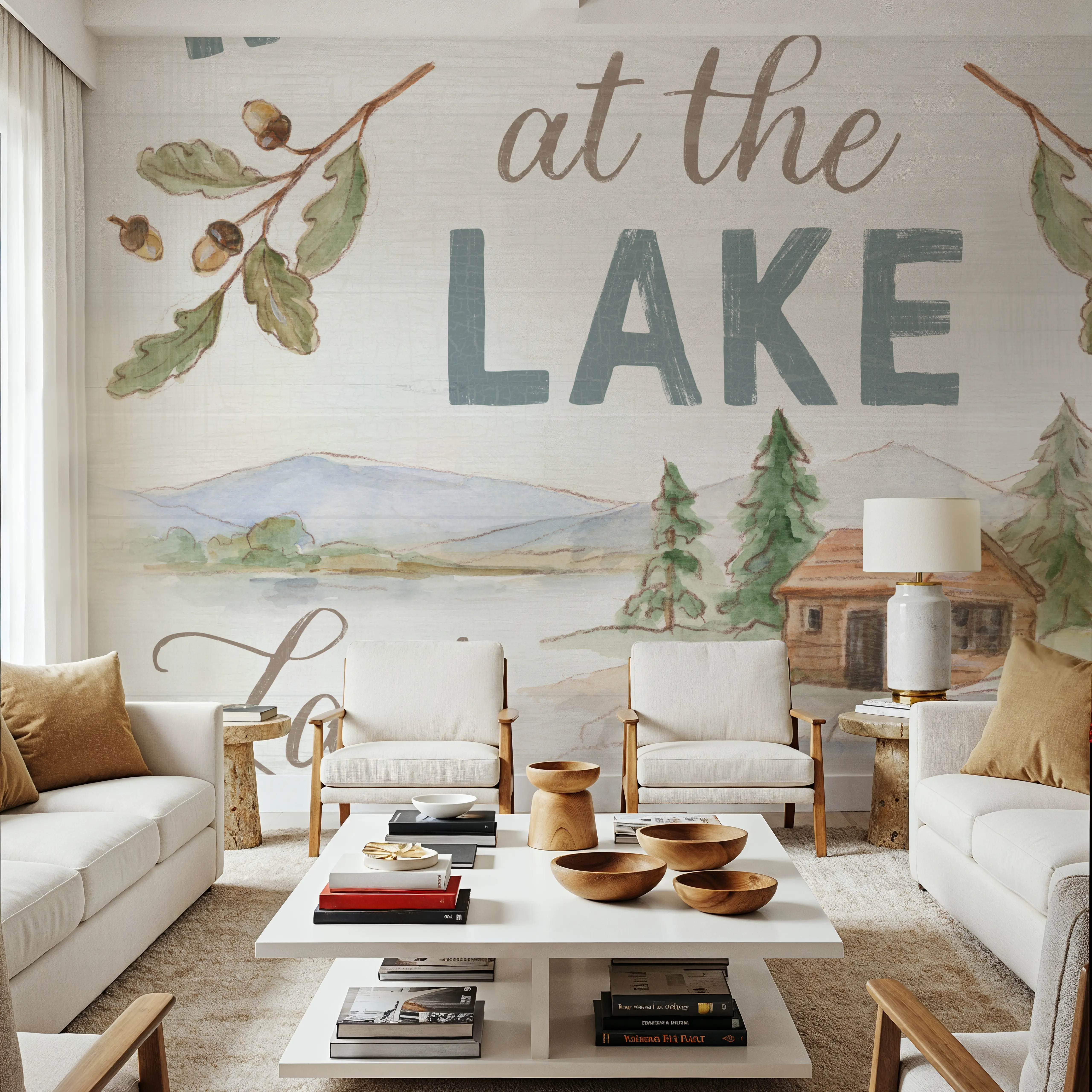 Papier Peint Panoramique - Lake Retreat IX - Feuillage Forêt - Bleu - Salon - Wallism Belgique - Encollage au mur ou Autocollant