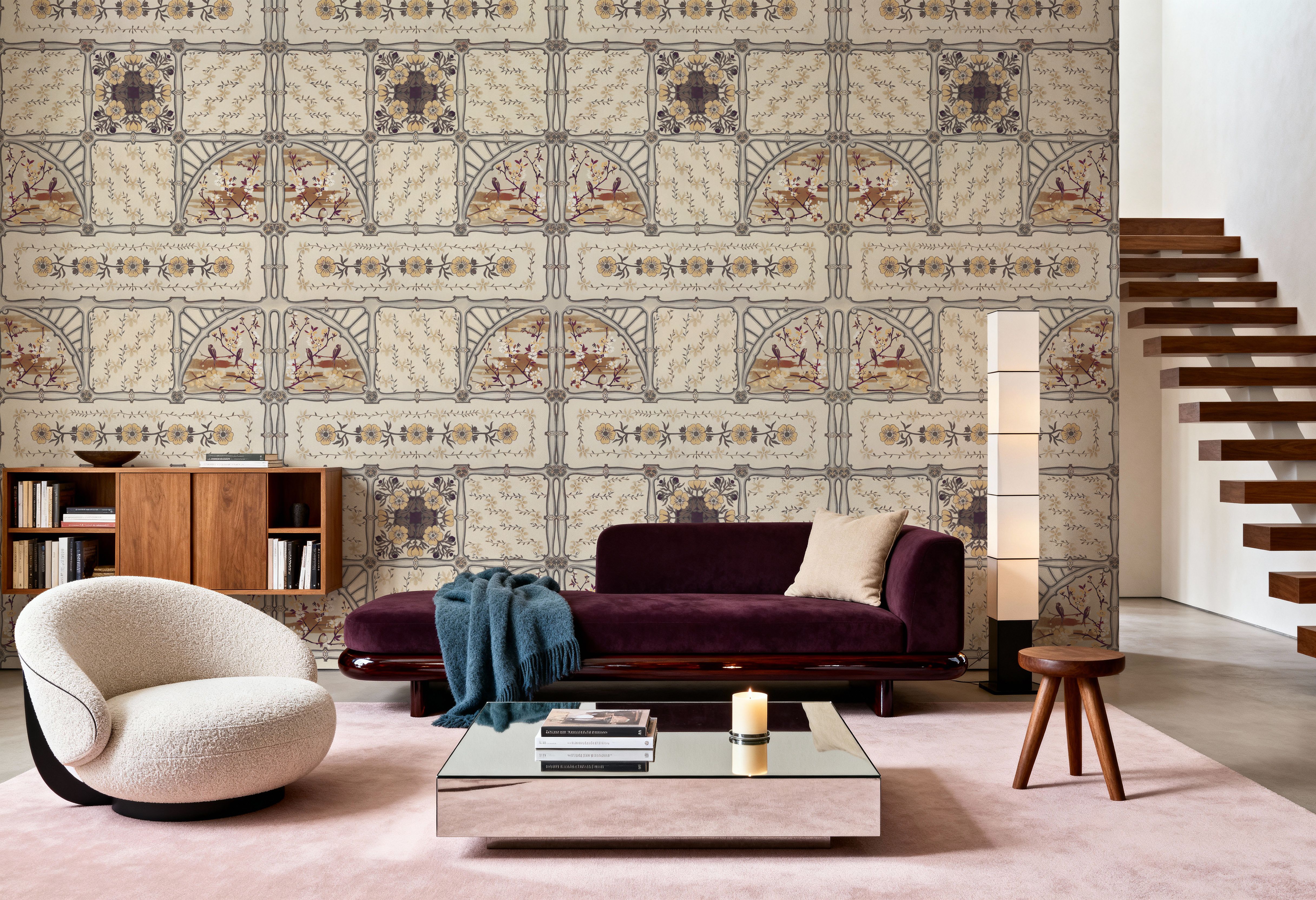 Wall Mural - Sakura & Bird, Amber - Arts & Crafts Nature mural wallpaper - Yellow - Living room - Wallism US - Premium, Textured or Peel & Stick