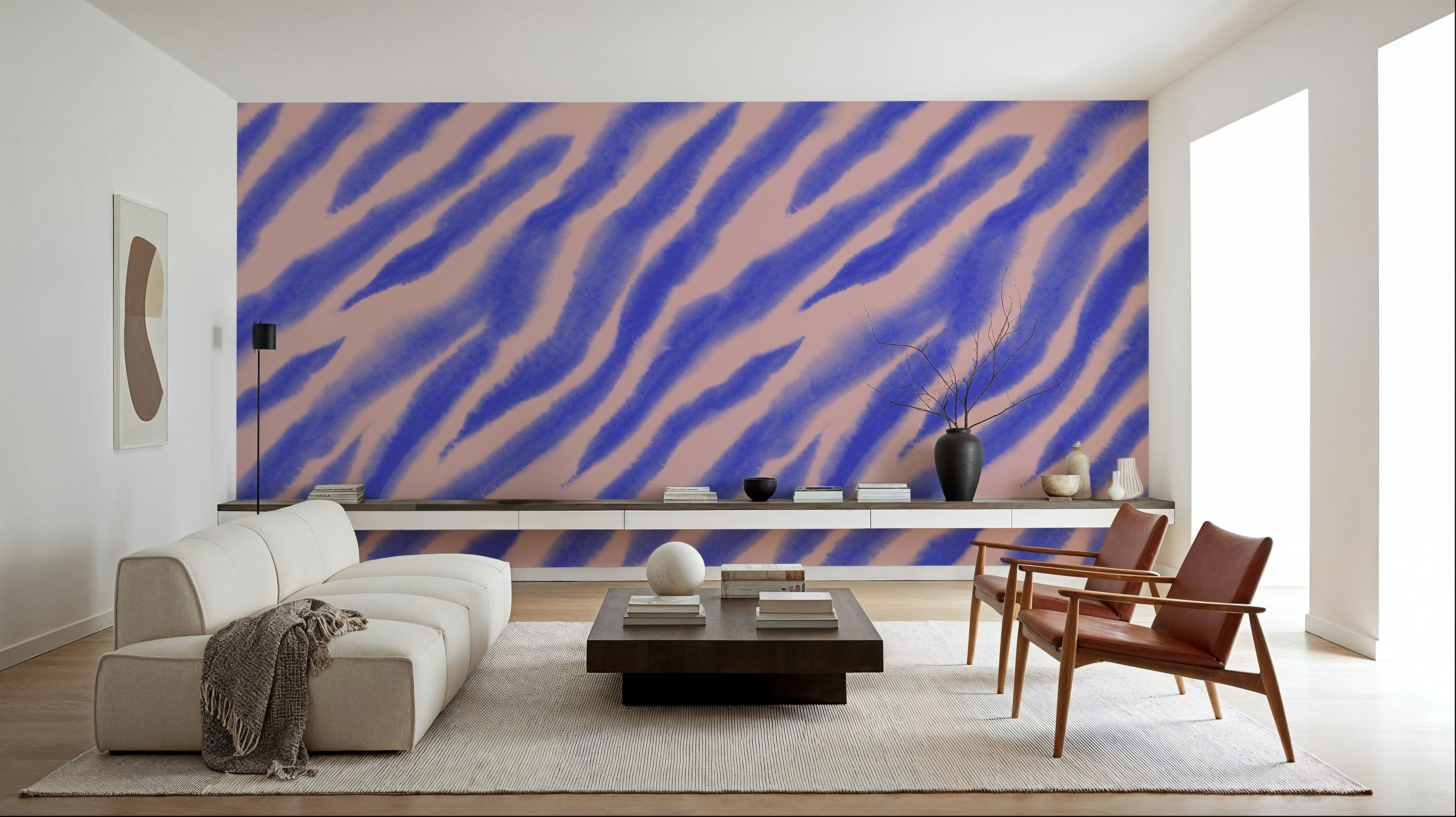 Watercolor Tiger Stripes, Periwinkle on Pink, Wallpaper