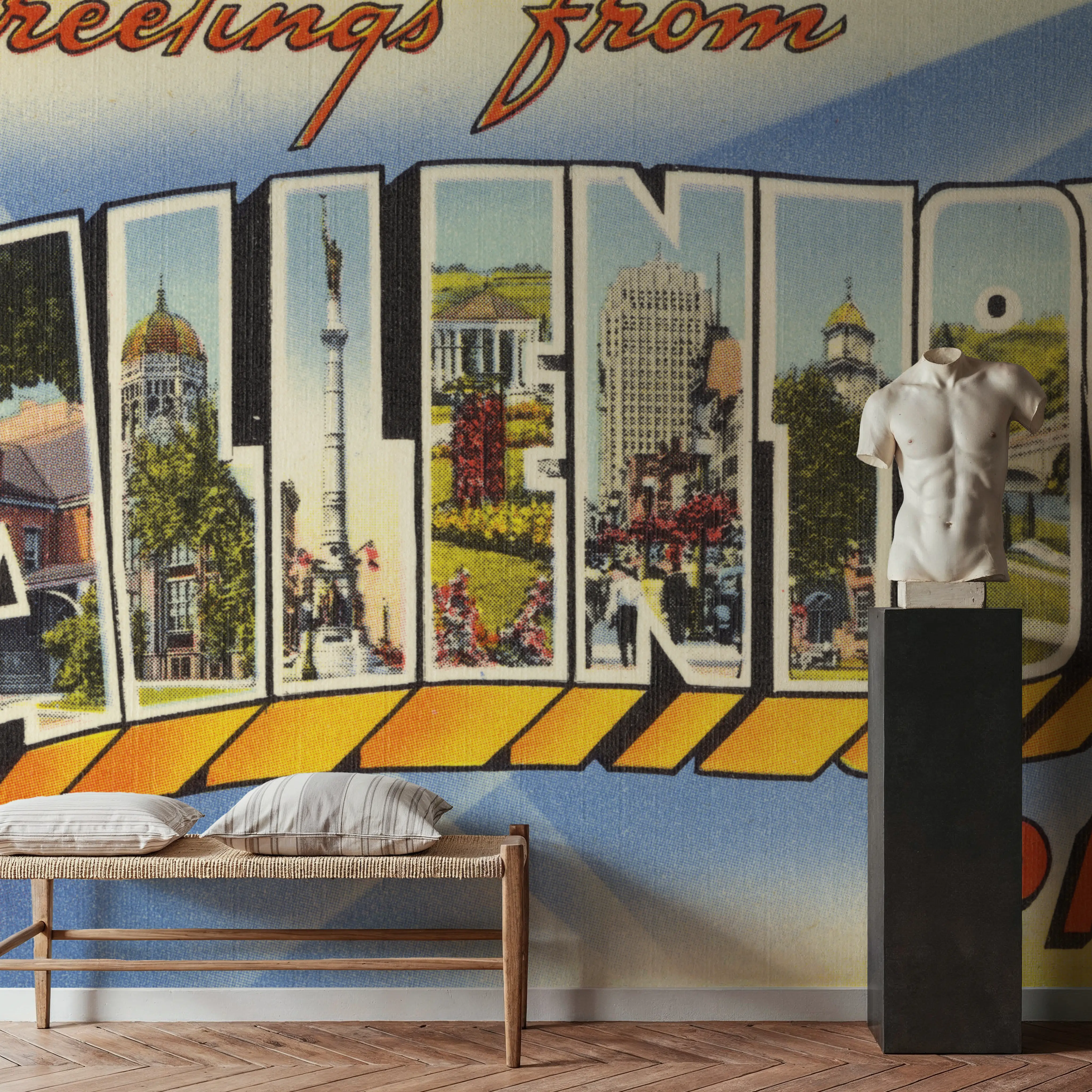 Papier Peint Panoramique - Greetings from Allentown - Screenprint Postcard - Voyages et monuments - Bleu - Salon - Wallism Belgique