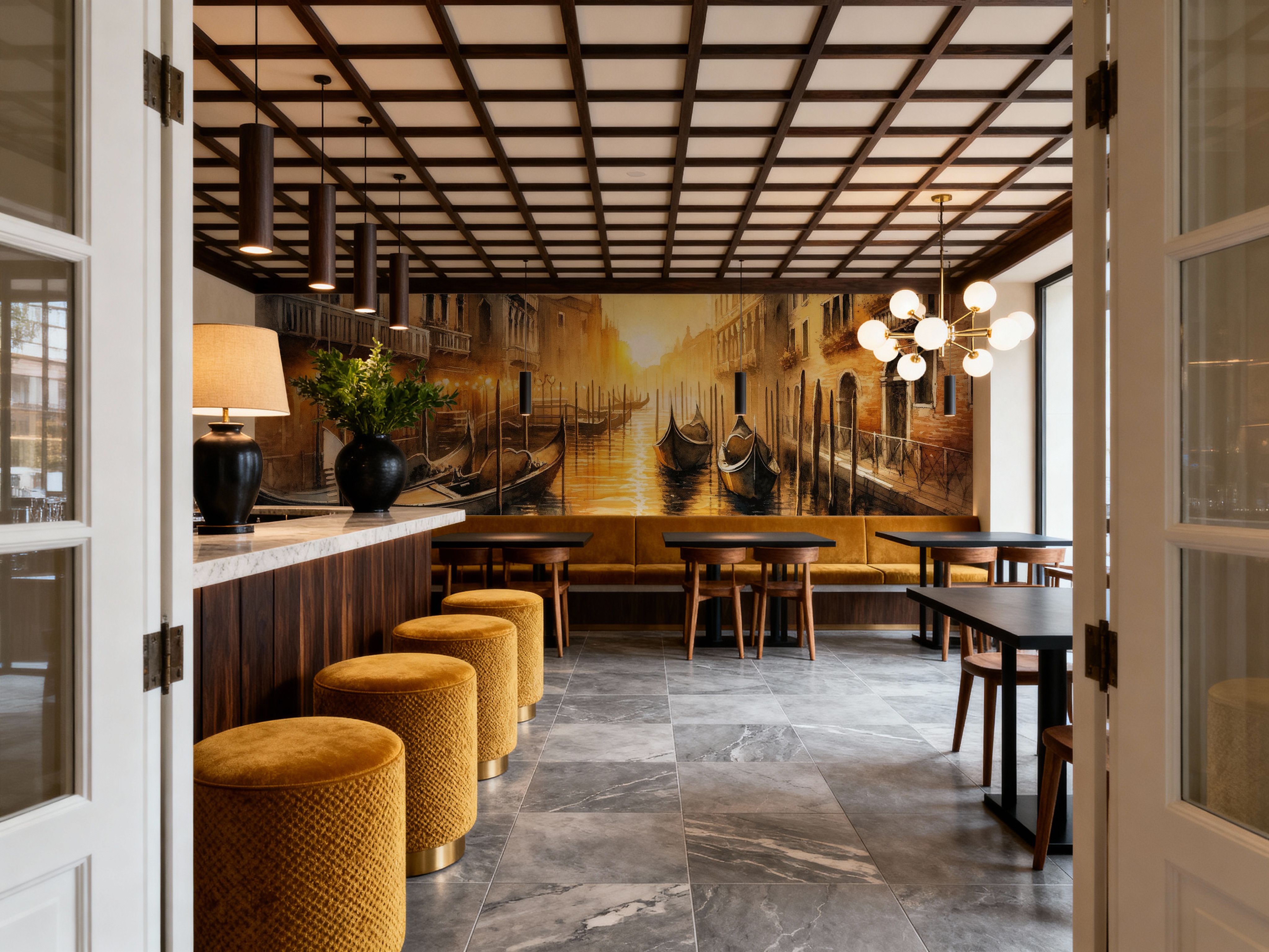 Sunset Over Venetian Canals with Gondolas