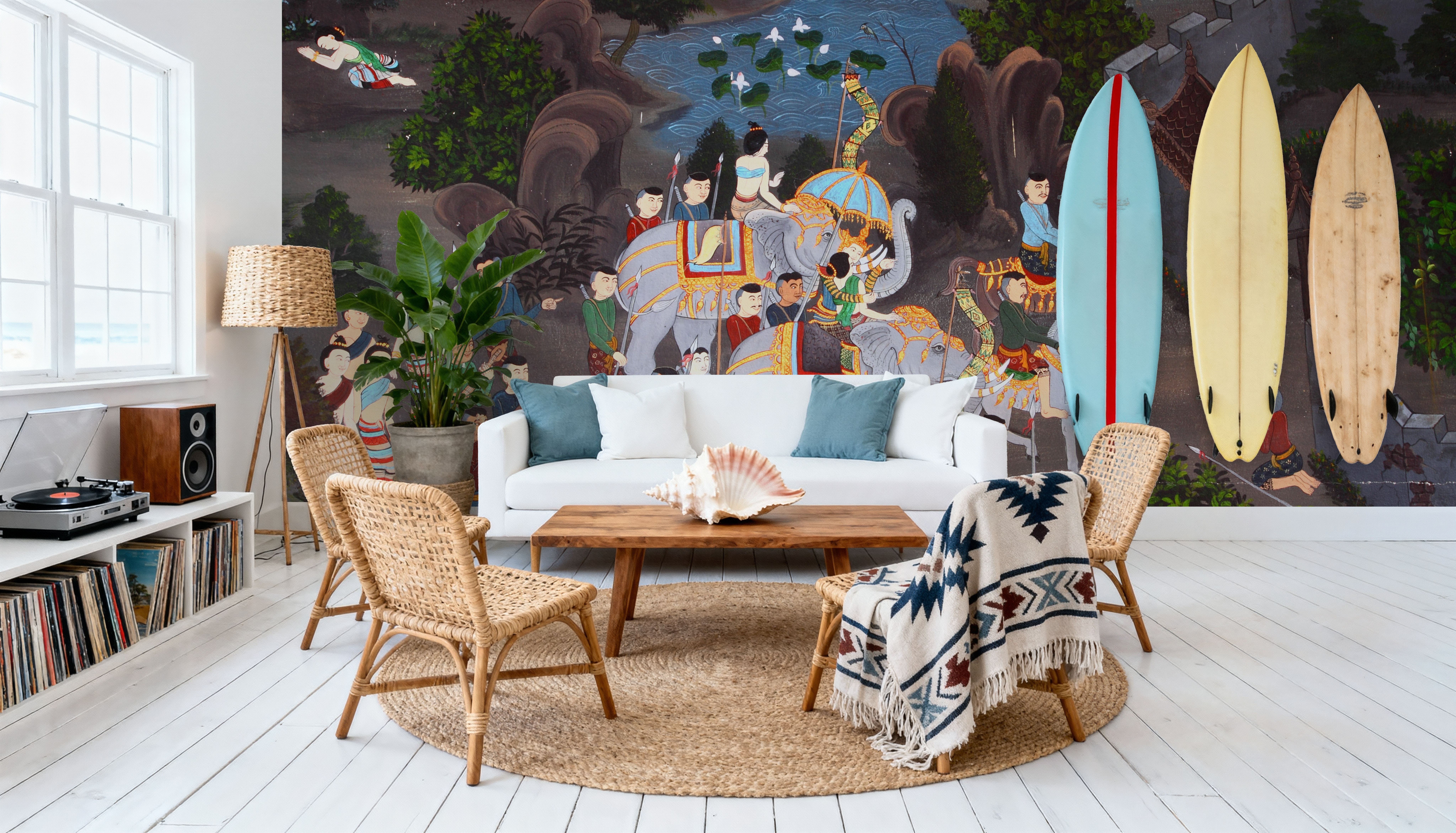 Elephant Procession to The Temple, Thai Painting