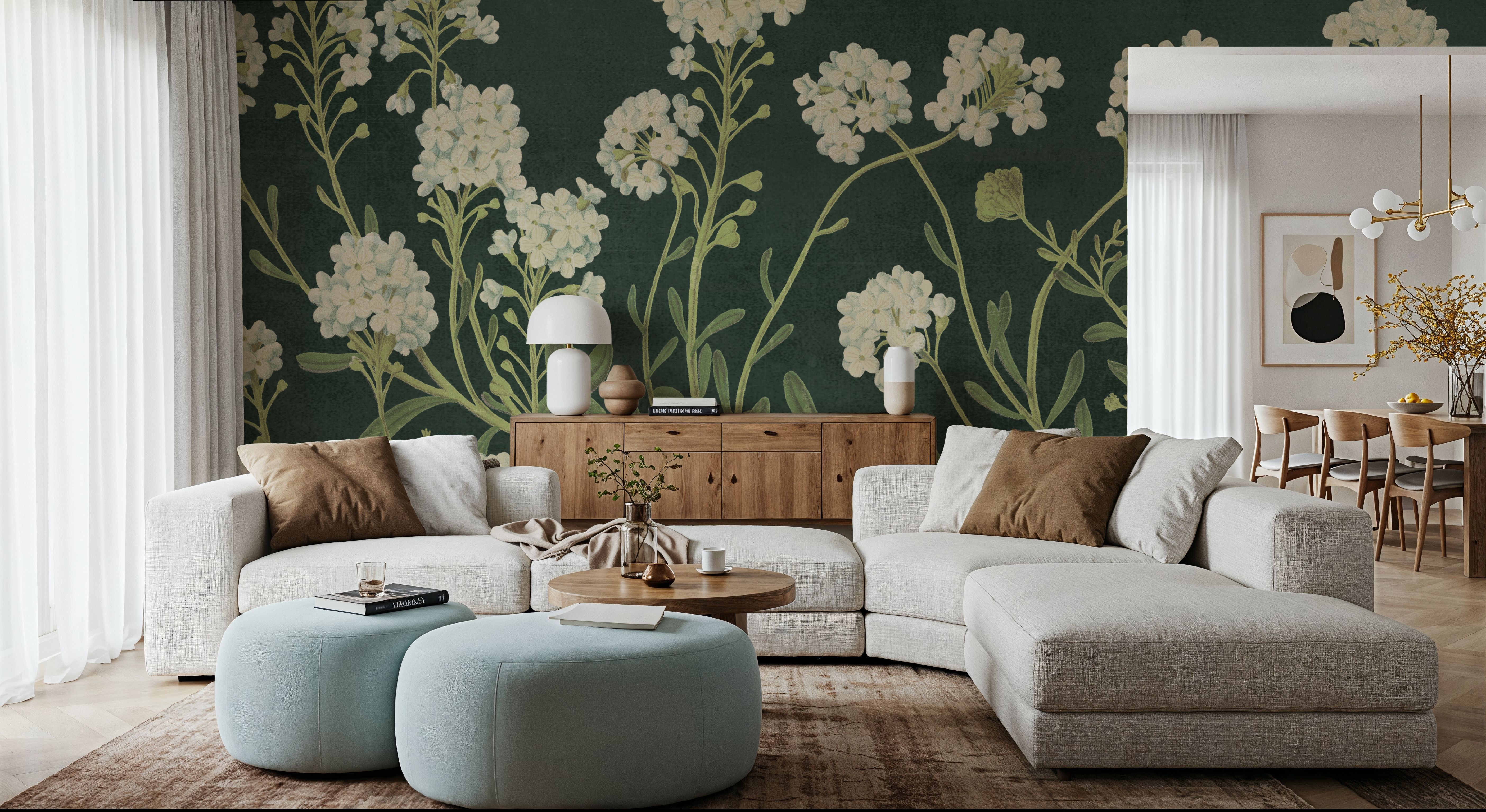 Vintage Flowers on Green, Wallpaper