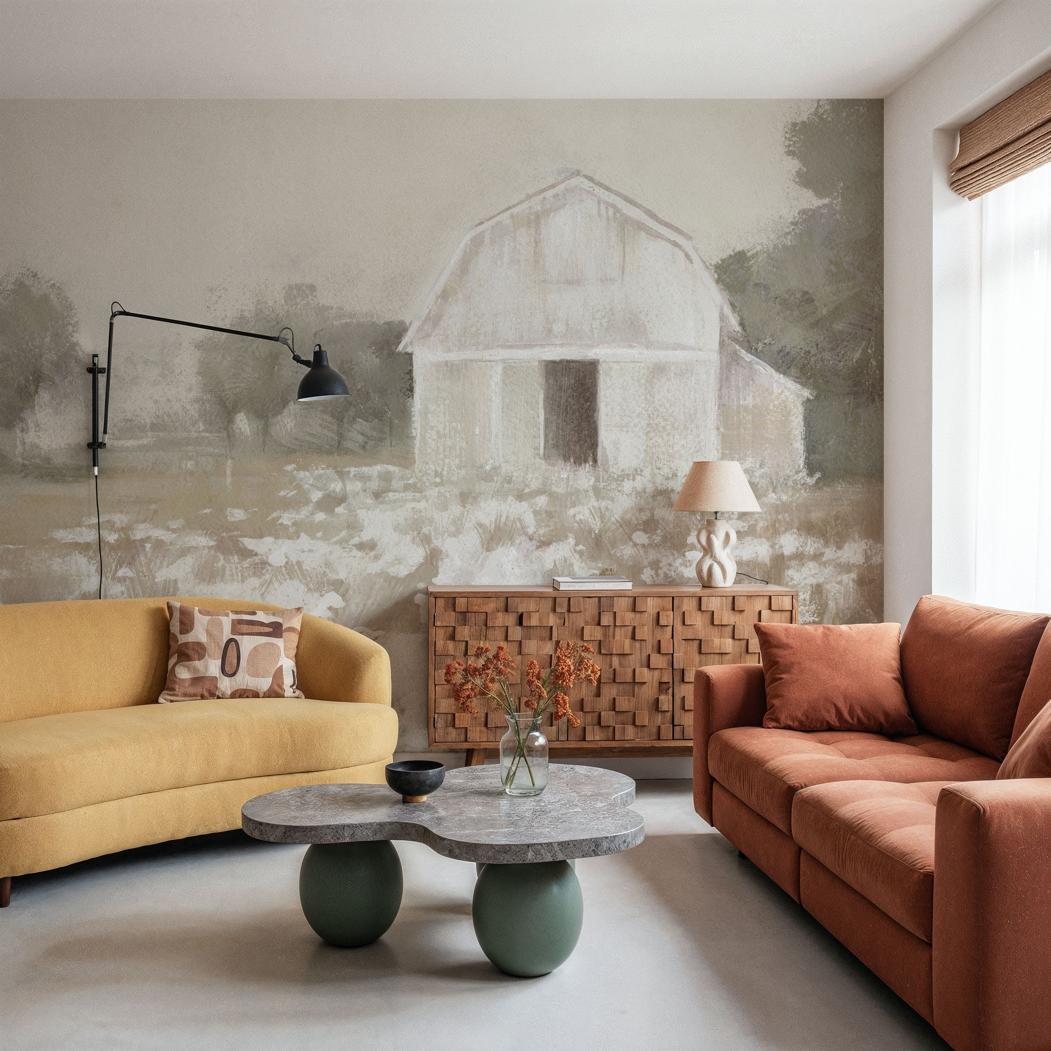 Fotobehang - White Barn Meadow Neutral - Boerderij Platteland Mural - Gangtrap - Wallism Nederland - Zelfklevend of Vliesbehang