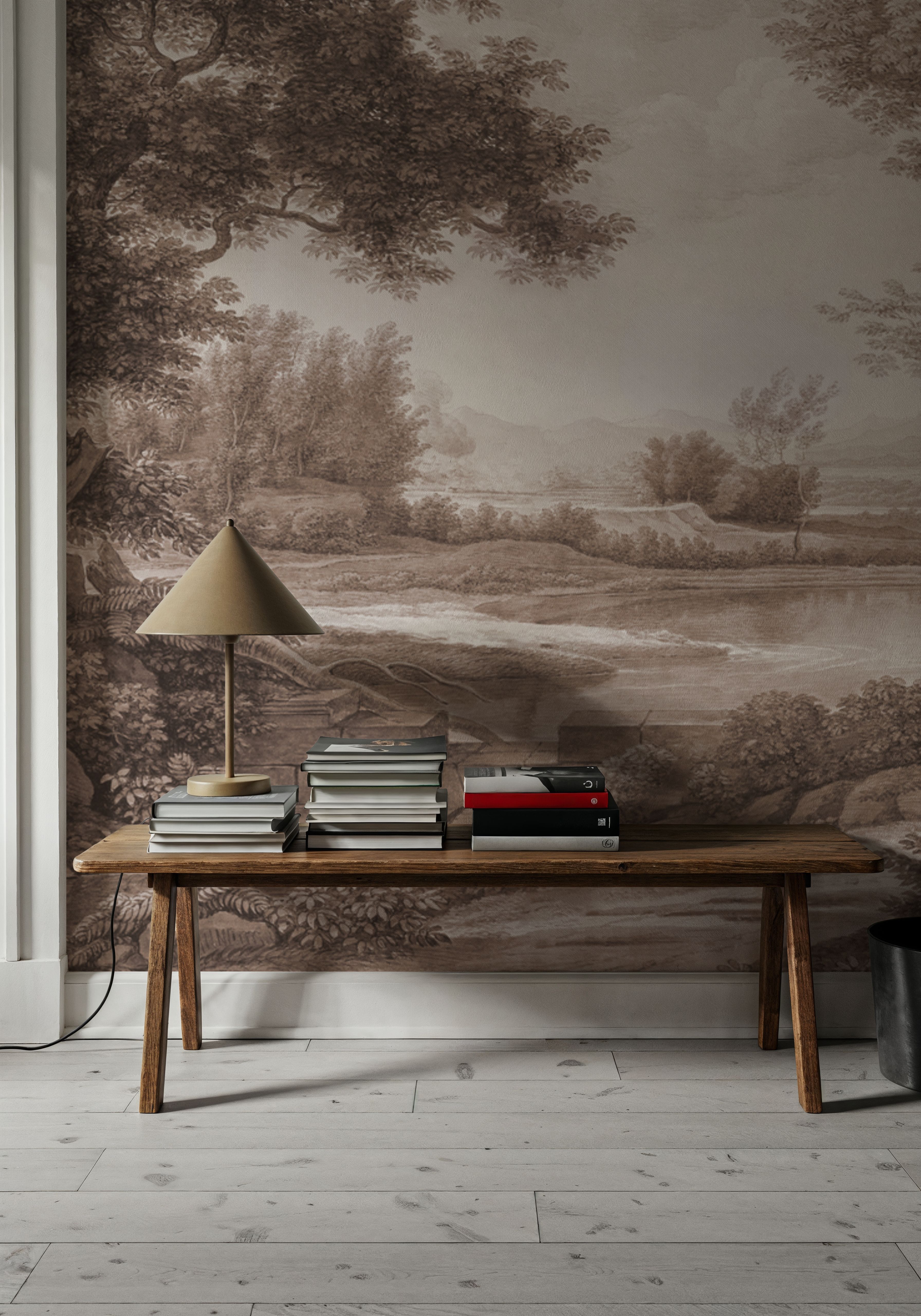 Riverbank Oak Landscape, Sepia