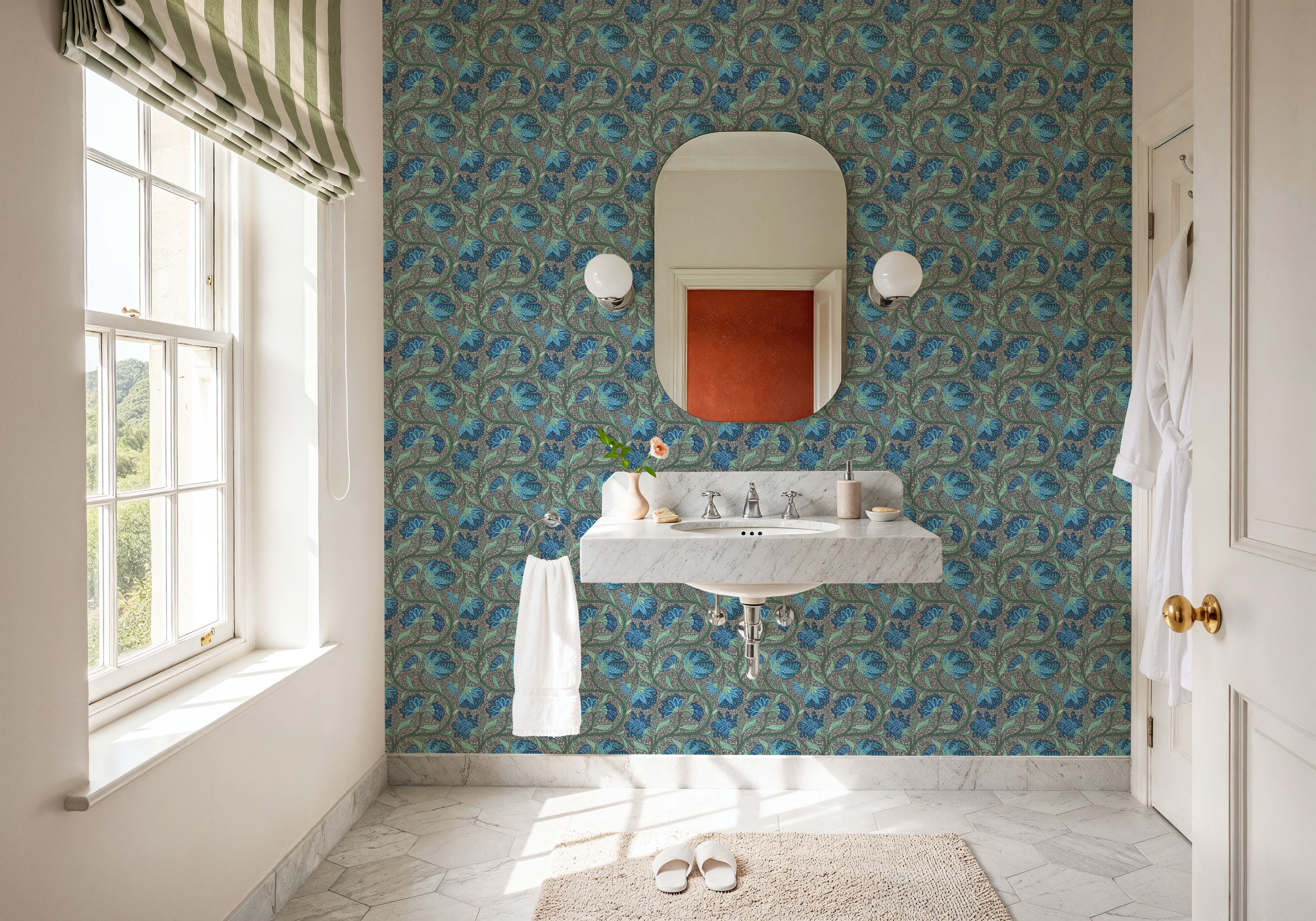 Indial Floral, Teal on Slate