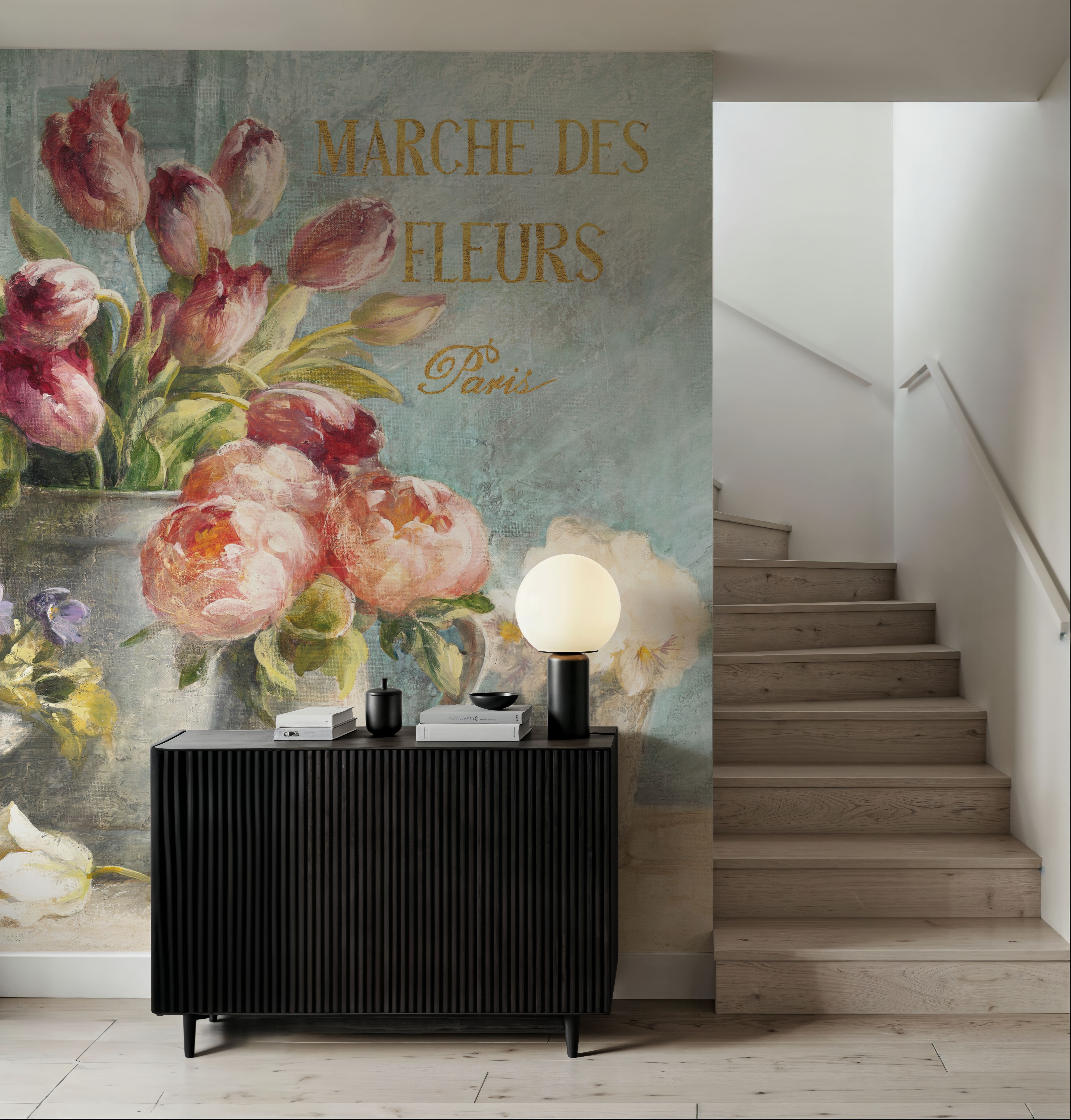 Fotobehang - Marche des Fleurs Blue Gold - Bloemen Natuur Mural - Roze - Eetkamer - Wallism Nederland - Zelfklevend of Vliesbehang