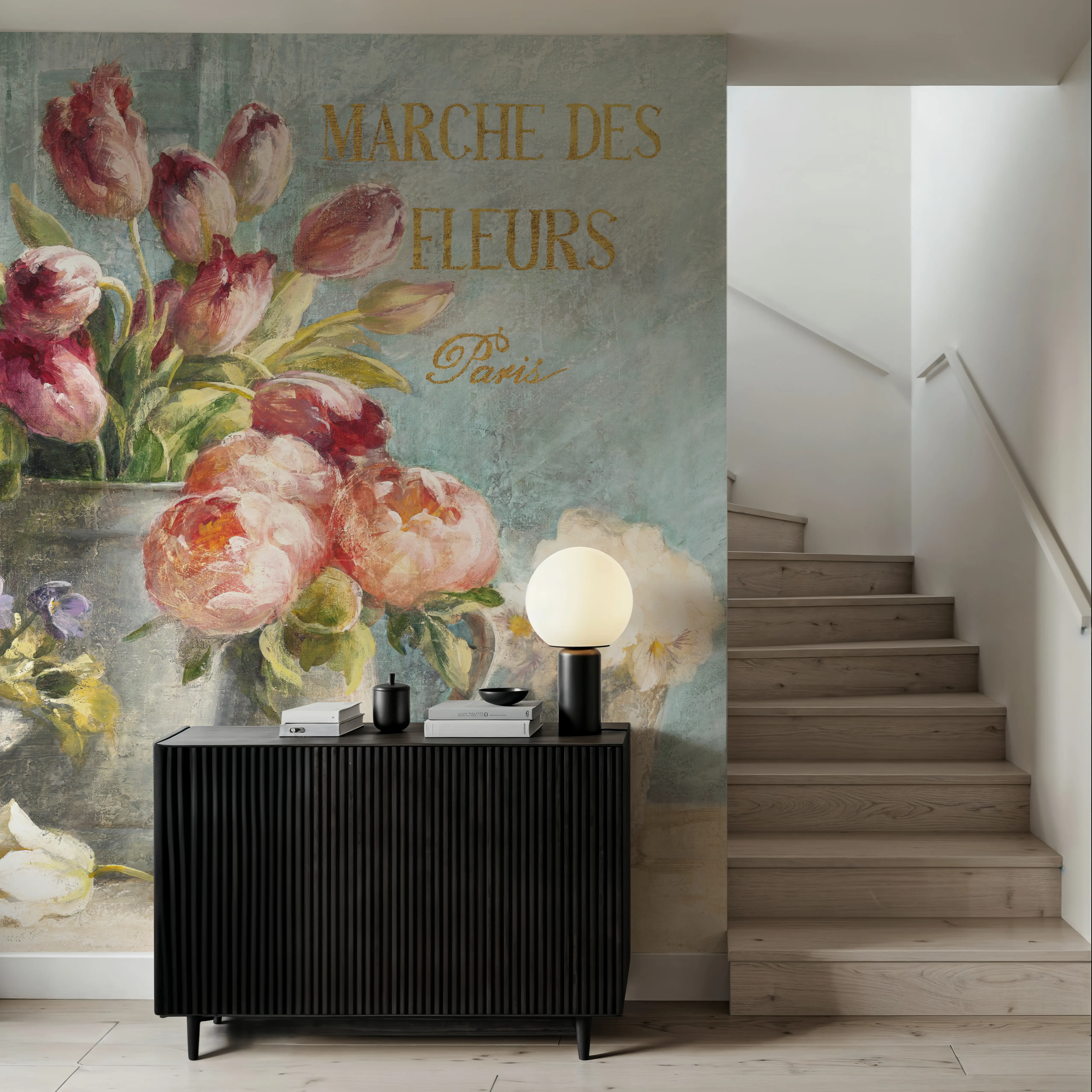 Fotobehang - Marche des Fleurs Blue Gold - Bloemen Natuur Mural - Roze - Eetkamer - Wallism Nederland - Zelfklevend of Vliesbehang